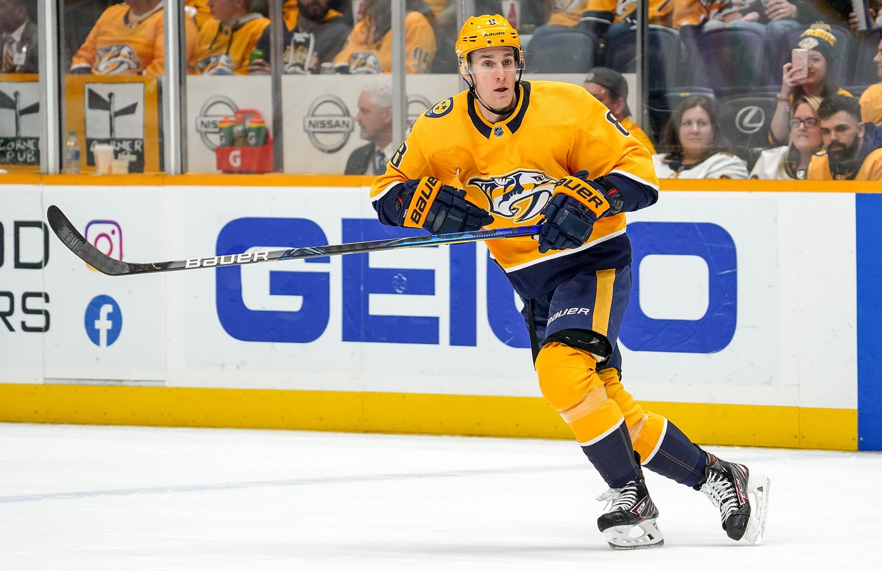 NASHVILLE, TN - JANUARY 16: Kyle Turris #8 of the Nashville Predators skates against the Anaheim Ducks at Bridgestone Arena on January 16, 2020 in Nashville, Tennessee. (Photo by John Russell/NHLI via Getty Images)