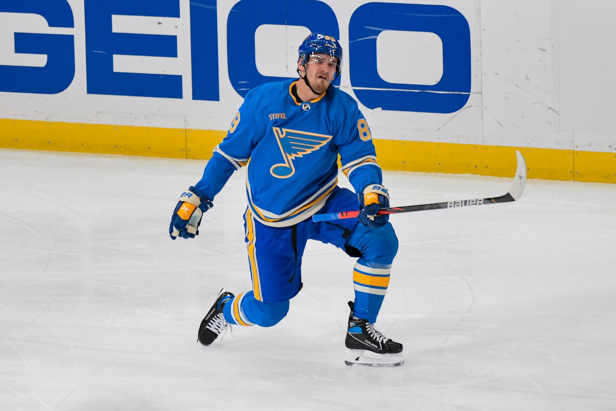 ST. LOUIS, MO - OCTOBER 15: St. Louis Blues left wing Pavel Buchnevich (89) celebrates after scoring the first goal of the season on a power play during the St. Louis home opener, between the Columbus Blue Jackets and the St. Louis Blues on October 15, 2022, at the Enterprise Center in St. Louis MO (Photo by Rick Ulreich/Icon Sportswire via Getty Images) ST. LOUIS, MO - OCTOBER 15: St. Louis Blues left wing Pavel Buchnevich (89) celebrates after scoring the first goal of the season on a power play during the St. Louis home opener, between the Columbus Blue Jackets and the St. Louis Blues on October 15, 2022, at the Enterprise Center in St. Louis MO (Photo by Rick Ulreich/Icon Sportswire via Getty Images)