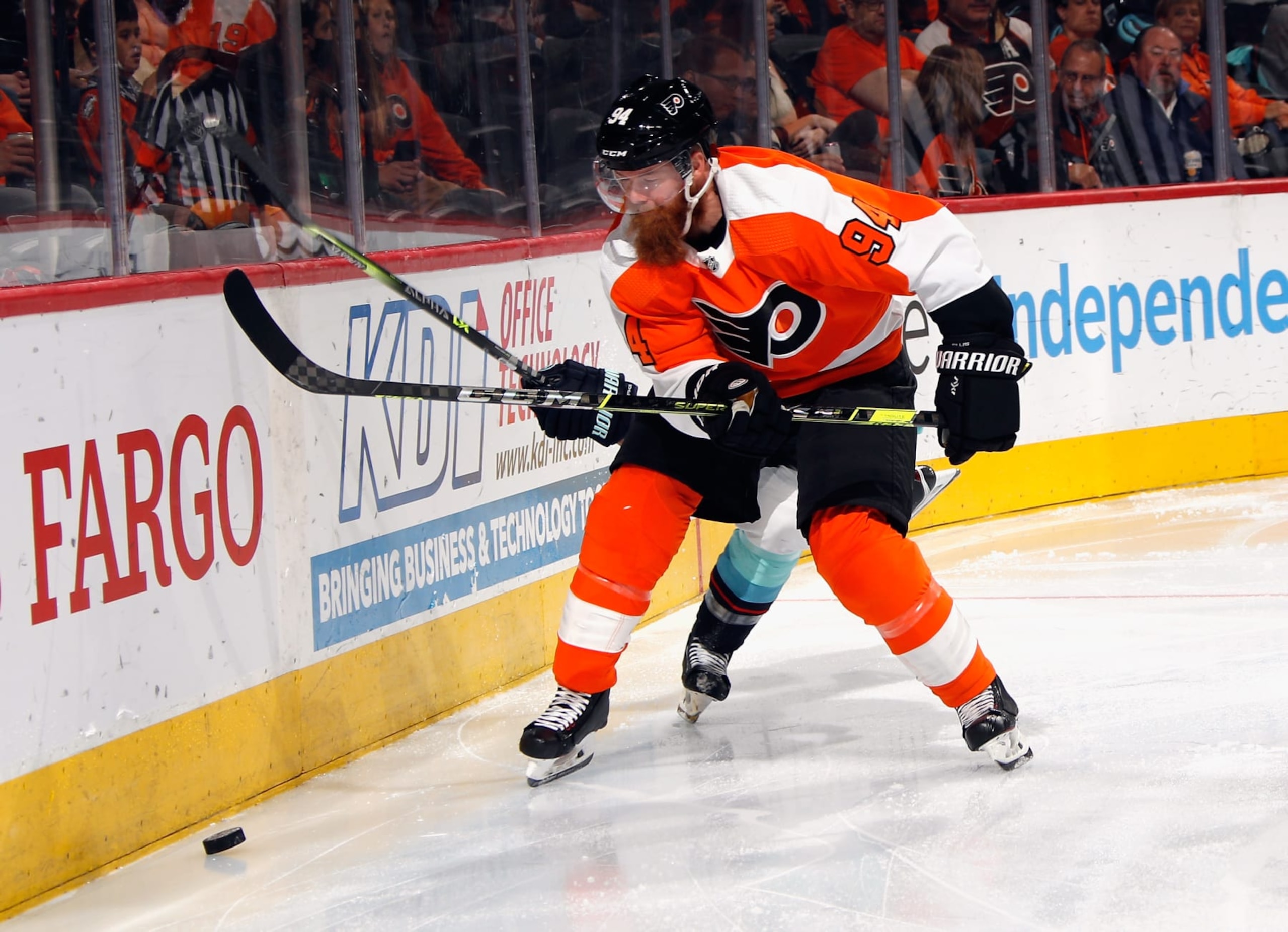 PHILADELPHIA, PENNSYLVANIA - OCTOBER 18: Ryan Ellis #94 of the Philadelphia Flyers skates against the Seattle Kraken at the Wells Fargo Center on October 18, 2021 in Philadelphia, Pennsylvania. The Flyers defeated the Kraken 6-1. (Photo by Bruce Bennett/Getty Images) PHILADELPHIA, PENNSYLVANIA - OCTOBER 18: Ryan Ellis #94 of the Philadelphia Flyers skates against the Seattle Kraken at the Wells Fargo Center on October 18, 2021 in Philadelphia, Pennsylvania. The Flyers defeated the Kraken 6-1. (Photo by Bruce Bennett/Getty Images)