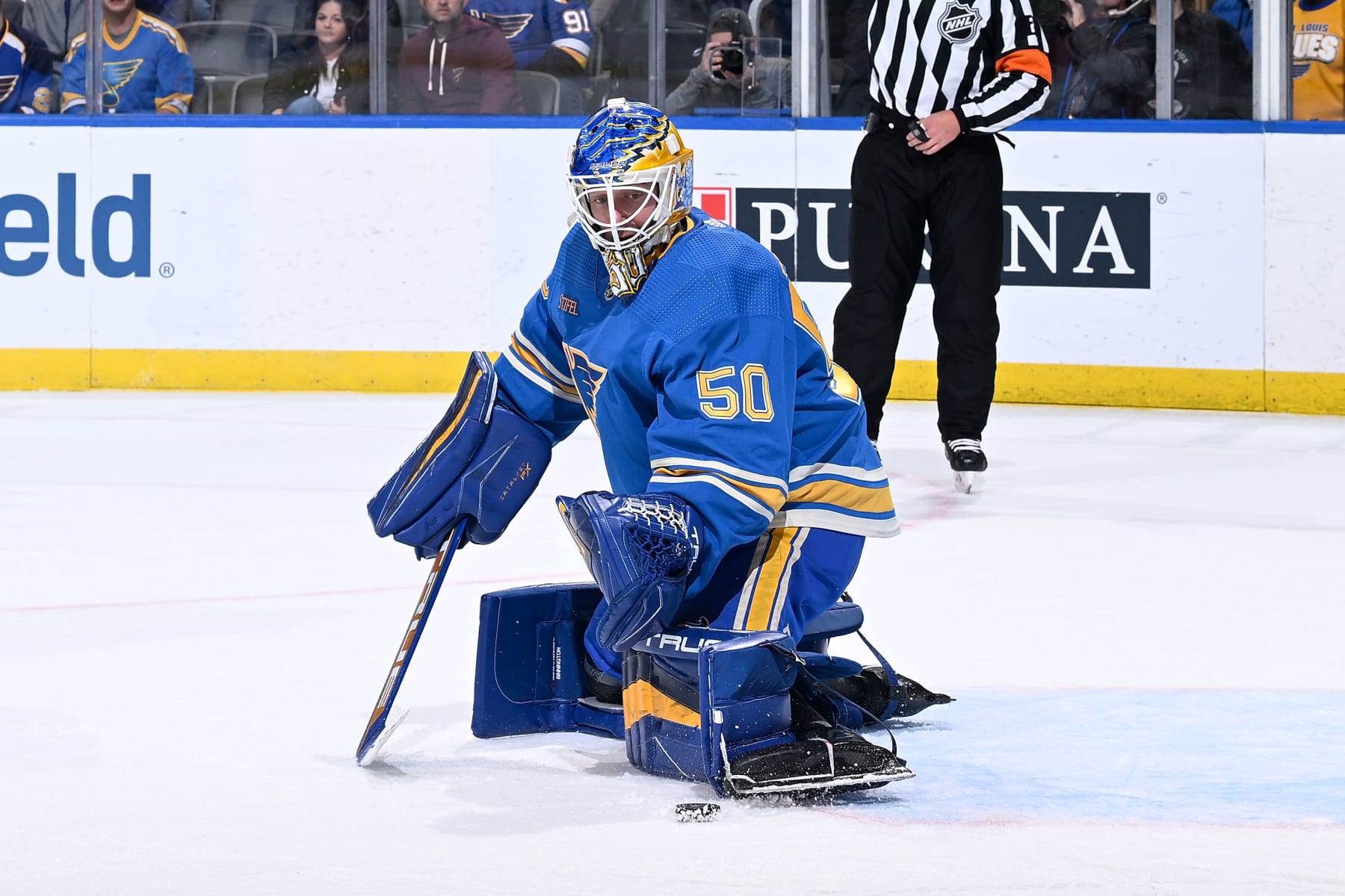 ST. LOUIS, MO - OCTOBER 29: Jordan Binnington #50 of the St. Louis Blues makes a save against the Montreal Canadiens at the Enterprise Center on October 29, 2022 in St. Louis, Missouri. (Photo by Scott Rovak/NHLI via Getty Images)