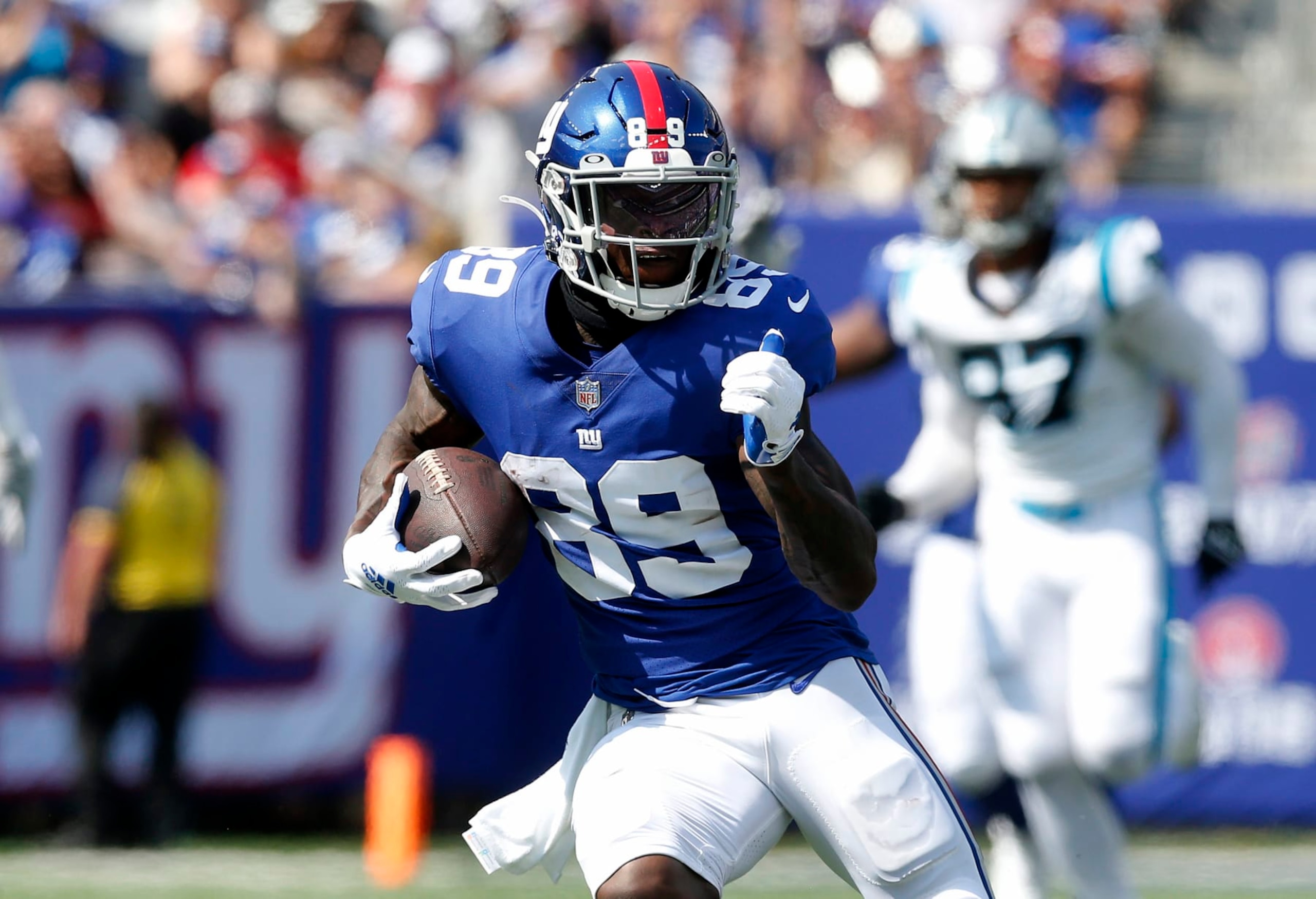 EAST RUTHERFORD, NEW JERSEY - SEPTEMBER 18: (NEW YORK DAILIES OUT)  Kadarius Toney #89 of the New York Giants in action against the Carolina Panthers at MetLife Stadium on September 18, 2022 in East Rutherford, New Jersey. The Giants defeated the Panthers 19-16. (Photo by Jim McIsaac/Getty Images)