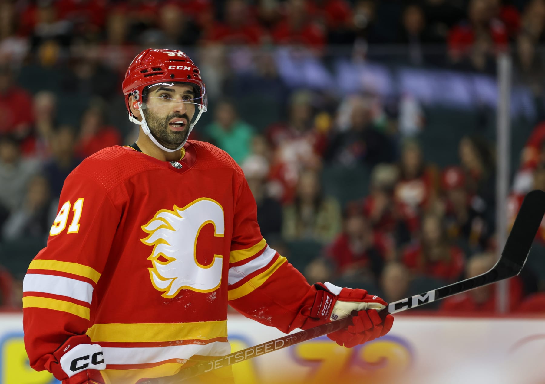 CALGARY, CANADA - OCTOBER 20: Calgary Flames Nazem Kadri #91 prepares to face off against the Calgary Flames at Scotiabank Saddledome on October 20, 2022 in Calgary, Alberta Canada. (Photo by Leah Hennel/Getty Images)
