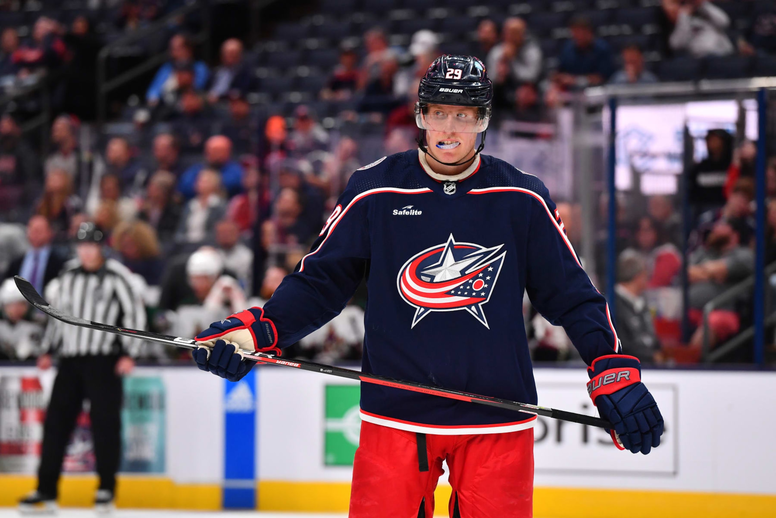 COLUMBUS, OHIO - OCTOBER 25: Patrik Laine #29 of the Columbus Blue Jackets awaits a face-off during the third period of a game against the Arizona Coyotes at Nationwide Arena on October 25, 2022 in Columbus, Ohio. (Photo by Ben Jackson/NHLI via Getty Images) COLUMBUS, OHIO - OCTOBER 25: Patrik Laine #29 of the Columbus Blue Jackets awaits a face-off during the third period of a game against the Arizona Coyotes at Nationwide Arena on October 25, 2022 in Columbus, Ohio. (Photo by Ben Jackson/NHLI via Getty Images)