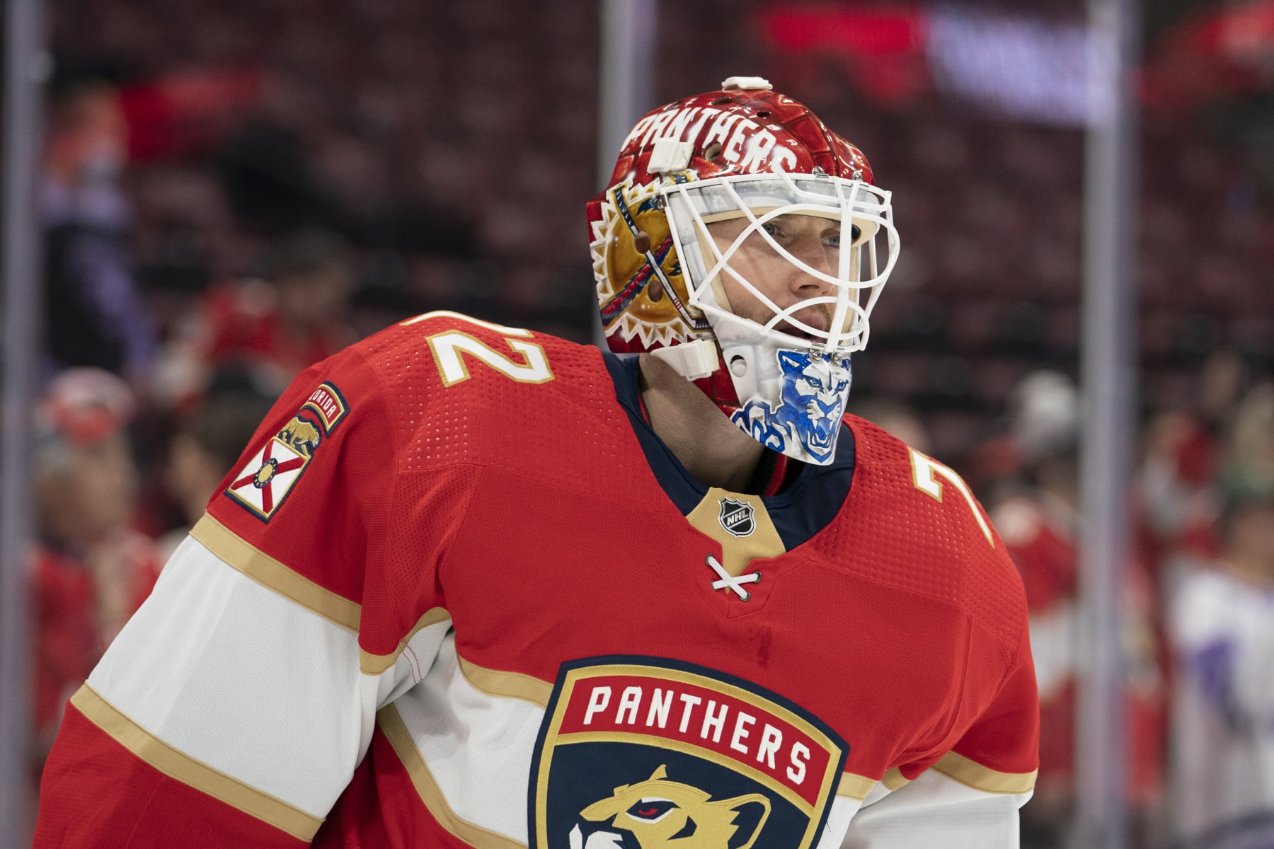 SUNRISE, FL - SEPTEMBER 29: Sergei Bobrovsky #72 of the Florida Panthers skates during warm-ups before the game between the Florida Panthers and the Carolina Hurricanes at FLA Live Arena in Sunrise, FL on September 29, 2022. (Photo by Jason Mowry/Icon Sportswire via Getty Images)