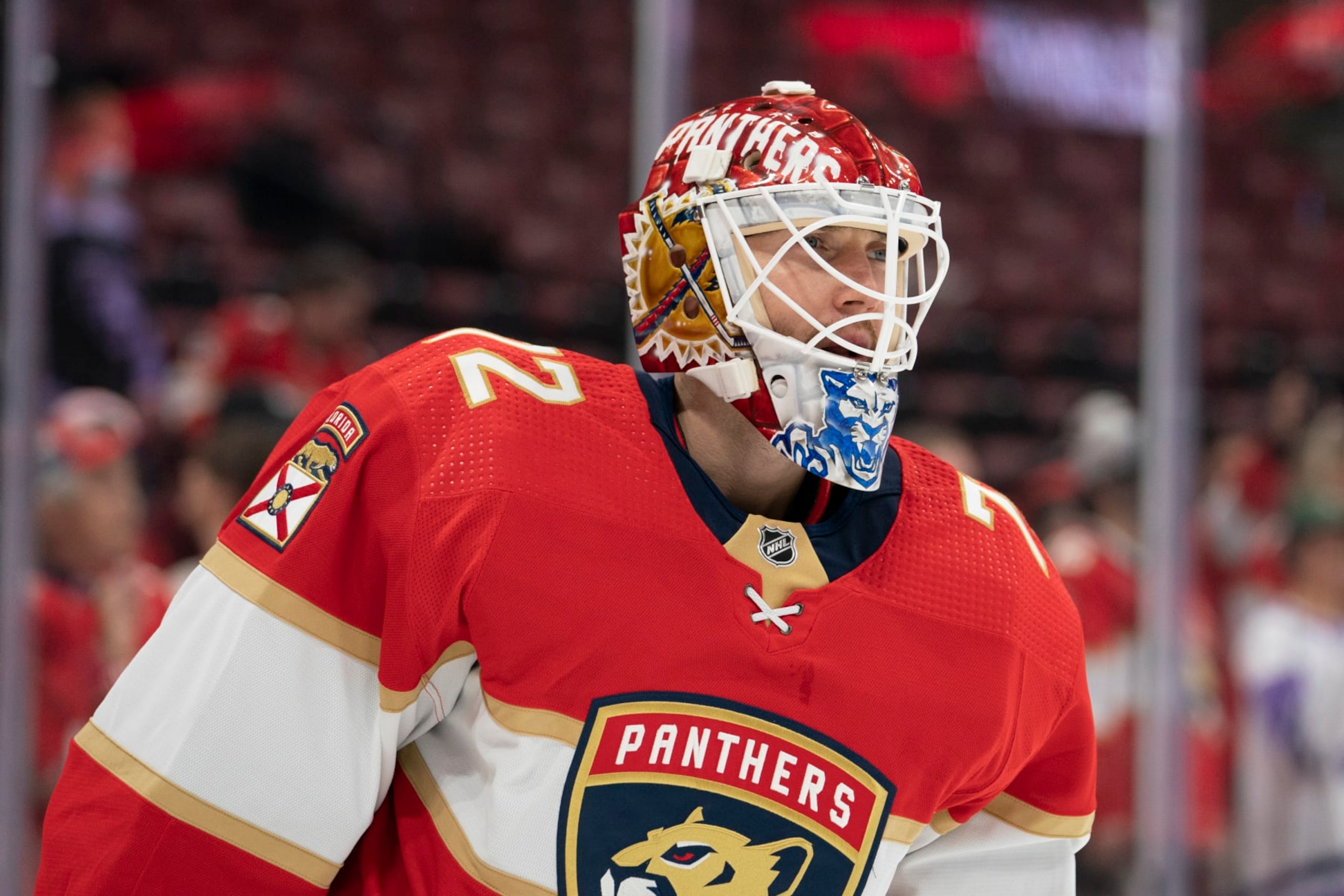 SUNRISE, FL - SEPTEMBER 29: Sergei Bobrovsky #72 of the Florida Panthers skates during warm-ups before the game between the Florida Panthers and the Carolina Hurricanes at FLA Live Arena in Sunrise, FL on September 29, 2022. (Photo by Jason Mowry/Icon Sportswire via Getty Images) SUNRISE, FL - SEPTEMBER 29: Sergei Bobrovsky #72 of the Florida Panthers skates during warm-ups before the game between the Florida Panthers and the Carolina Hurricanes at FLA Live Arena in Sunrise, FL on September 29, 2022. (Photo by Jason Mowry/Icon Sportswire via Getty Images)