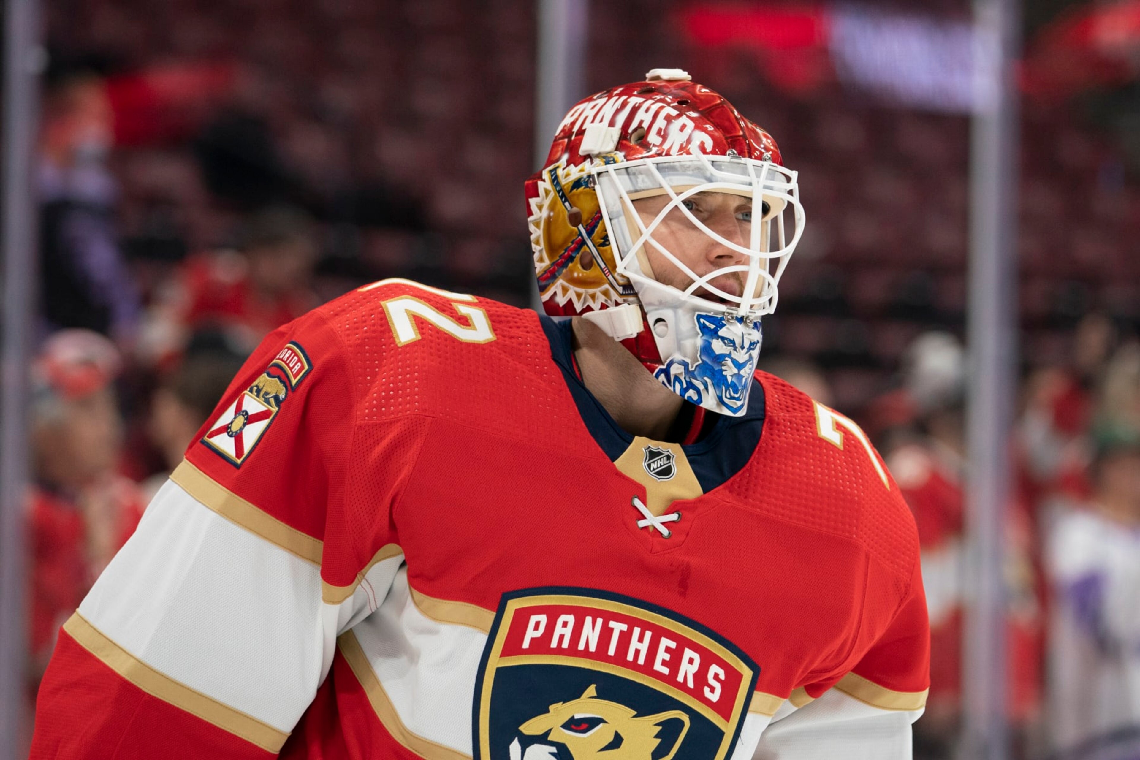 SUNRISE, FL - SEPTEMBER 29: Sergei Bobrovsky #72 of the Florida Panthers skates during warm-ups before the game between the Florida Panthers and the Carolina Hurricanes at FLA Live Arena in Sunrise, FL on September 29, 2022. (Photo by Jason Mowry/Icon Sportswire via Getty Images)