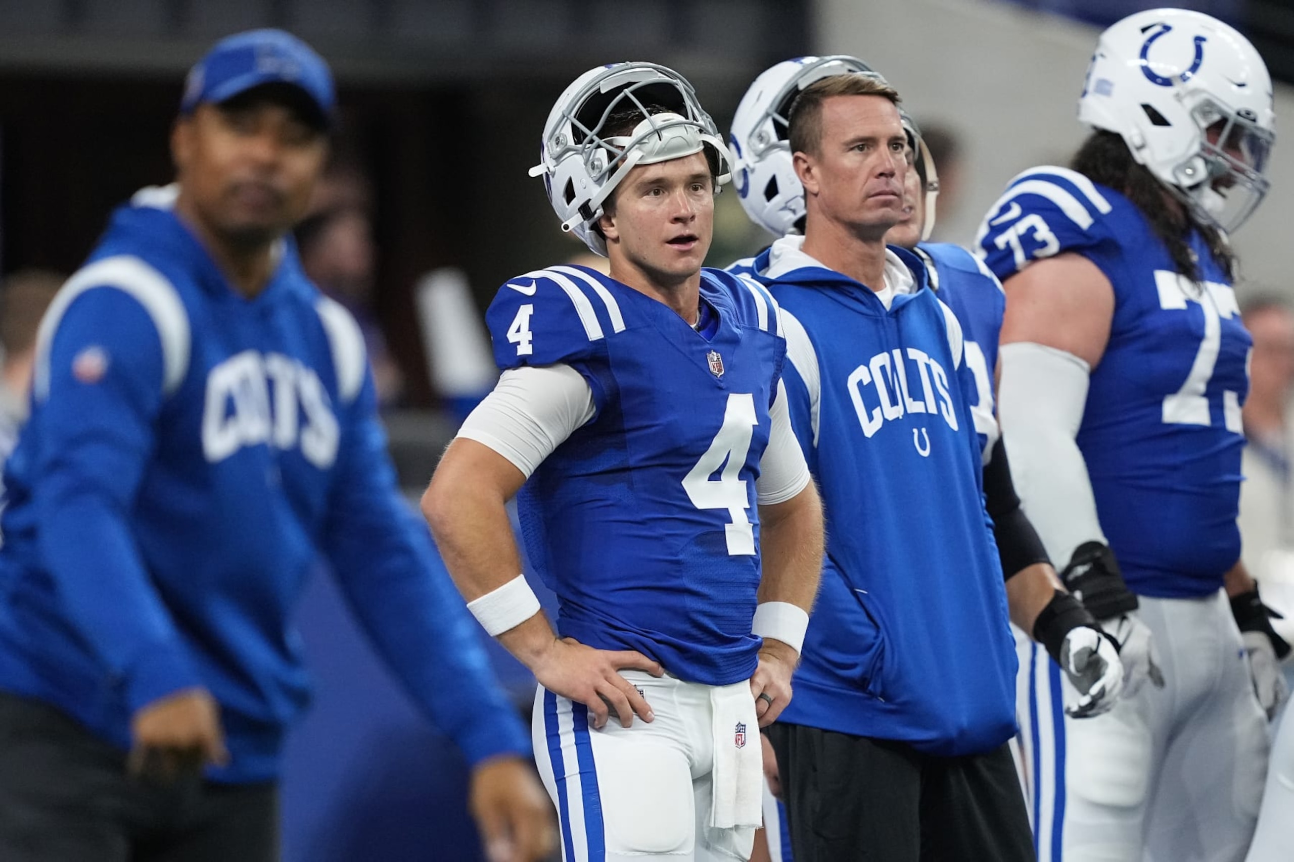 INDIANAPOLIS, INDIANA - OCTOBER 30: Sam Ehlinger #4 and Matt Ryan #2 of the Indianapolis Colts look on before a game against the Washington Commanders Lucas Oil Stadium on October 30, 2022 in Indianapolis, Indiana. (Photo by Dylan Buell/Getty Images)