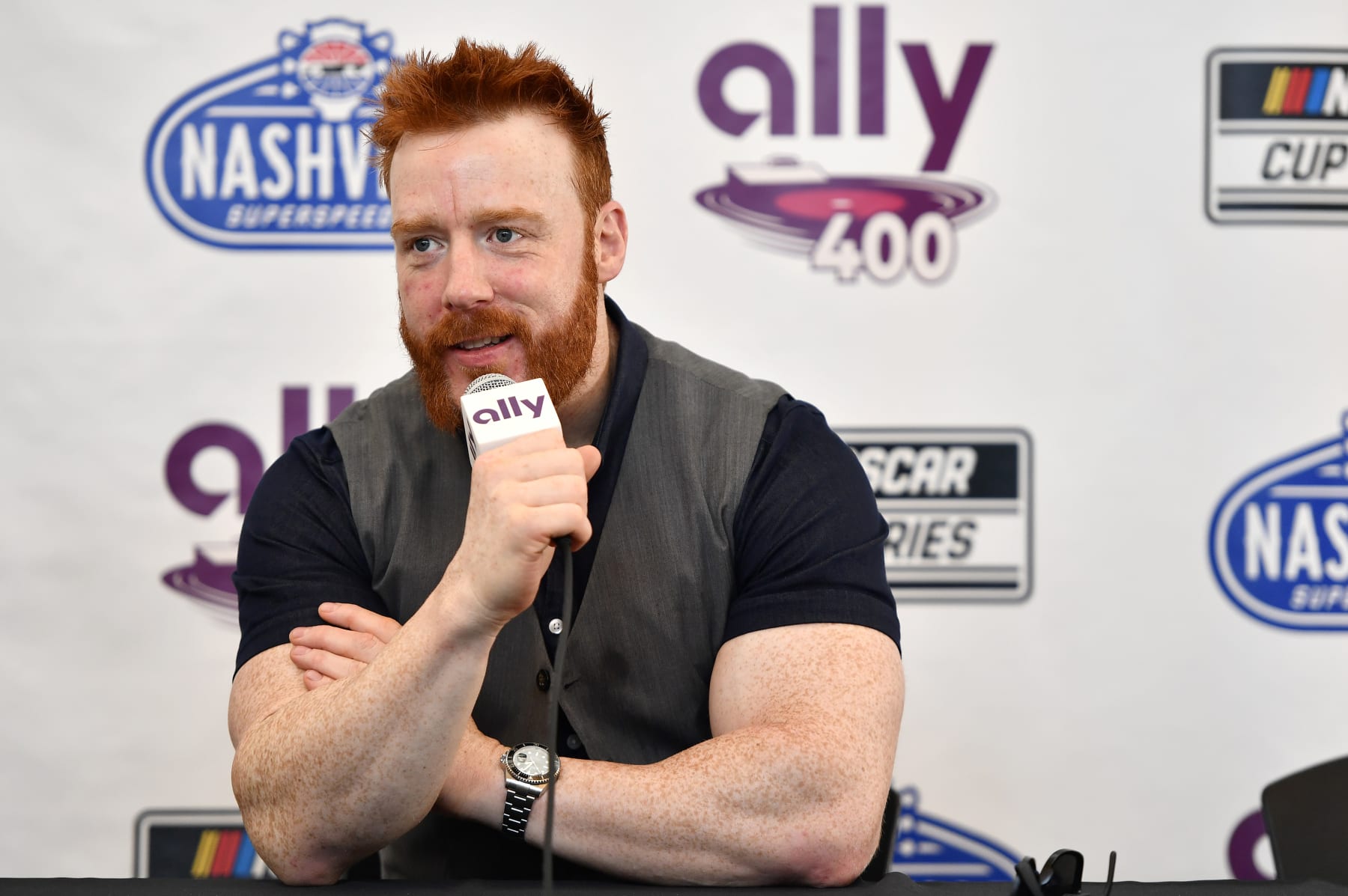 LEBANON, TENNESSEE - JUNE 26: WWE Superstar, Sheamus speaks to the media during a press conference prior to the NASCAR Cup Series Ally 400 at Nashville Superspeedway on June 26, 2022 in Lebanon, Tennessee. (Photo by Logan Riely/Getty Images)
