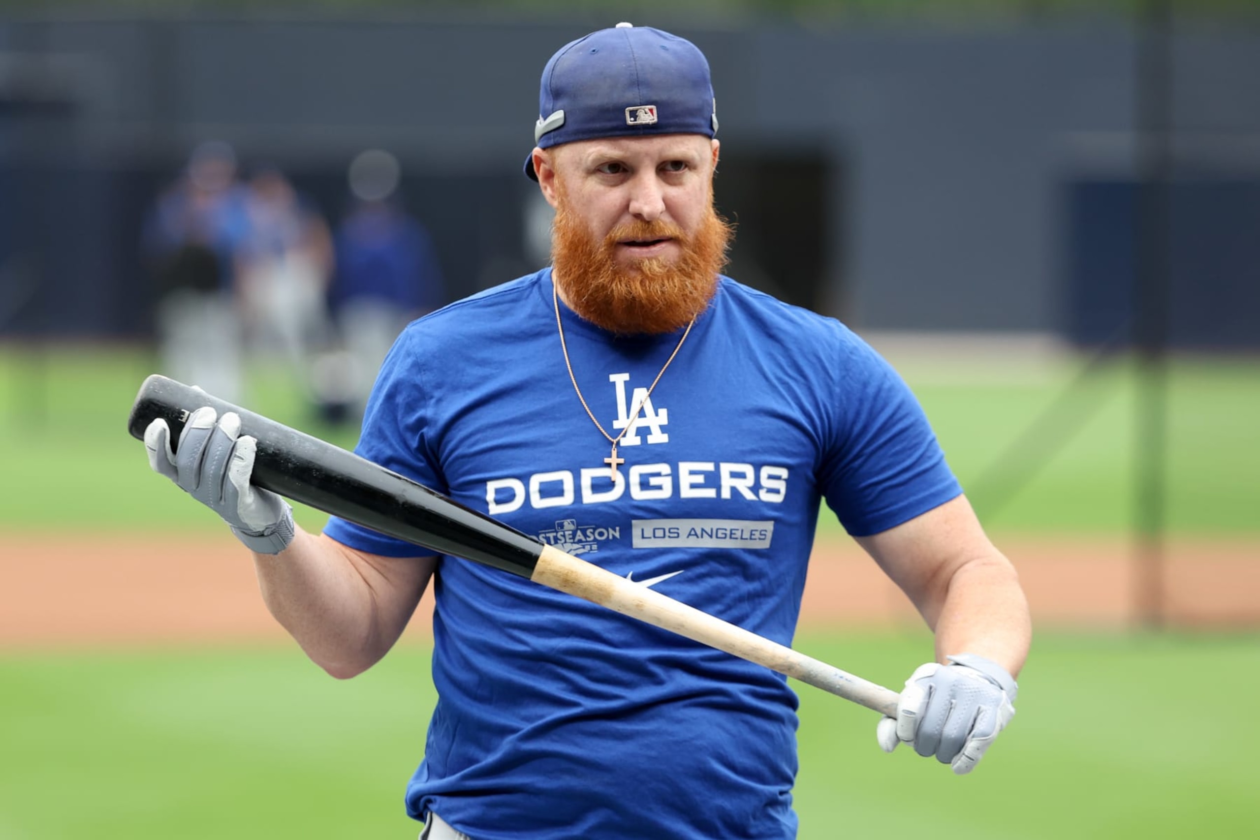 SAN DIEGO, CA - OCTOBER 14: Justin Turner #10 of the Los Angeles Dodgers looks on during warmup before the game between the Los Angeles Dodgers and the San Diego Padres at Petco Park on Friday, October 14, 2022 in San Diego, California. (Photo by Rob Leiter/MLB Photos via Getty Images) SAN DIEGO, CA - OCTOBER 14: Justin Turner #10 of the Los Angeles Dodgers looks on during warmup before the game between the Los Angeles Dodgers and the San Diego Padres at Petco Park on Friday, October 14, 2022 in San Diego, California. (Photo by Rob Leiter/MLB Photos via Getty Images)