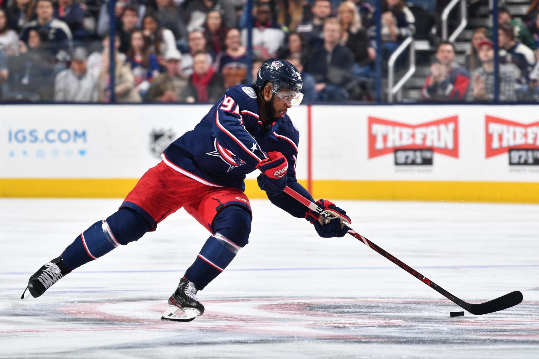 COLUMBUS, OH - FEBRUARY 14:  Anthony Duclair #91 of the Columbus Blue Jackets skates against the New York Islanders on February 14, 2019 at Nationwide Arena in Columbus, Ohio.  (Photo by Jamie Sabau/NHLI via Getty Images)