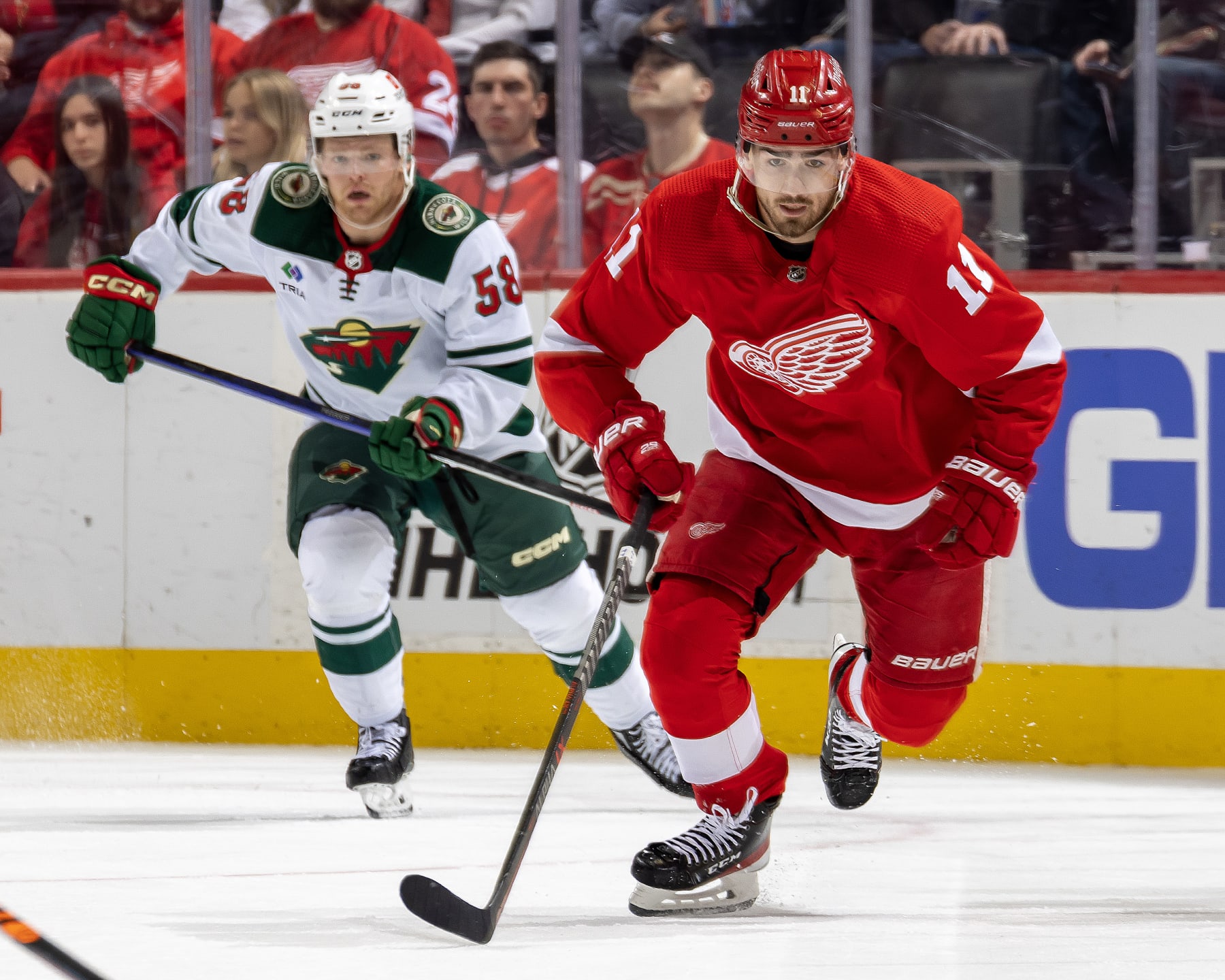 DETROIT, MI - OCTOBER 29: Filip Zadina #11 of the Detroit Red Wings skates up ice against the Minnesota Wild during the first period of an NHL game at Little Caesars Arena on October 29, 2022 in Detroit, Michigan. Detroit defeated Minnesota 2-1. (Photo by Dave Reginek/NHLI via Getty Images)