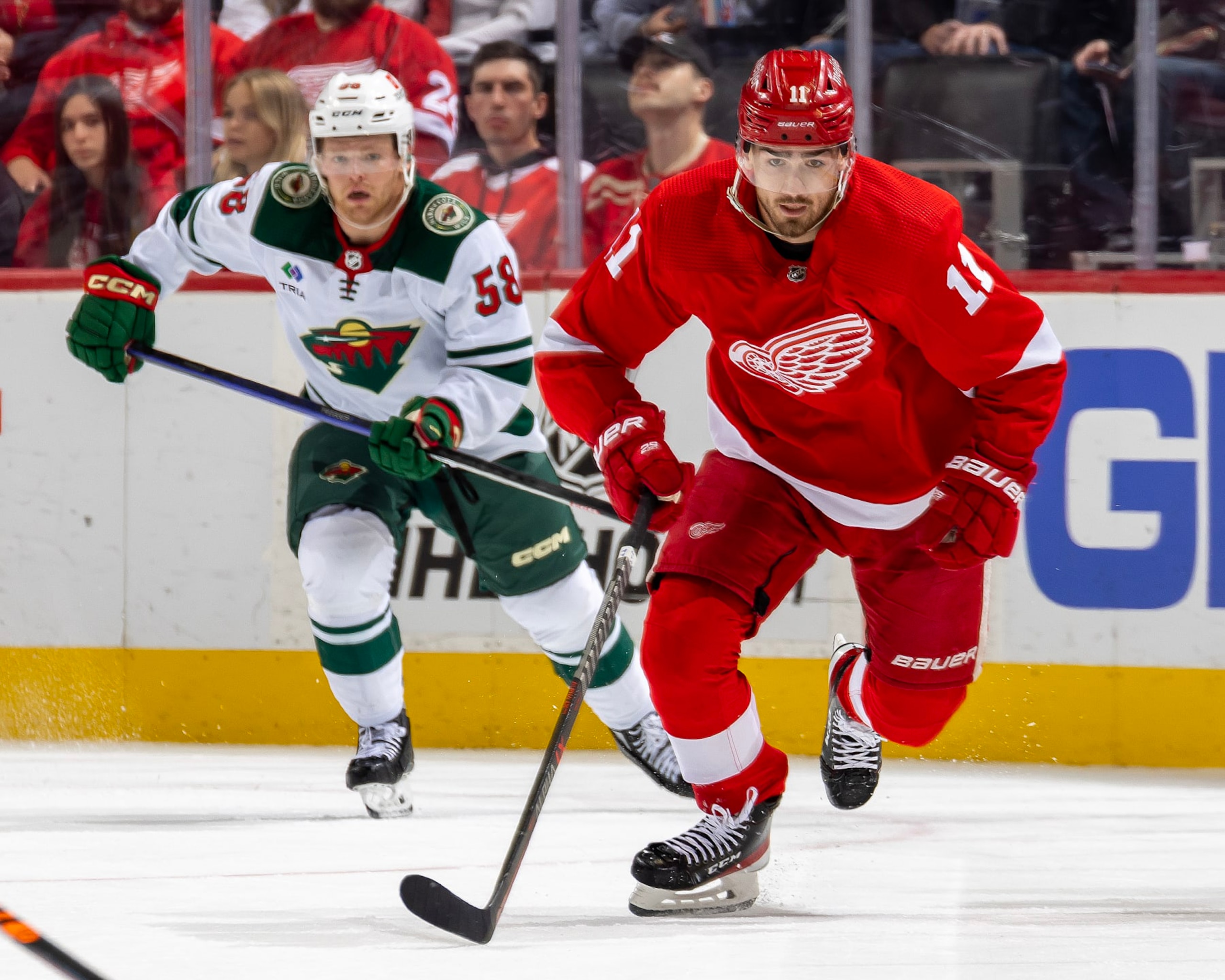 DETROIT, MI - OCTOBER 29: Filip Zadina #11 of the Detroit Red Wings skates up ice against the Minnesota Wild during the first period of an NHL game at Little Caesars Arena on October 29, 2022 in Detroit, Michigan. Detroit defeated Minnesota 2-1. (Photo by Dave Reginek/NHLI via Getty Images) DETROIT, MI - OCTOBER 29: Filip Zadina #11 of the Detroit Red Wings skates up ice against the Minnesota Wild during the first period of an NHL game at Little Caesars Arena on October 29, 2022 in Detroit, Michigan. Detroit defeated Minnesota 2-1. (Photo by Dave Reginek/NHLI via Getty Images)