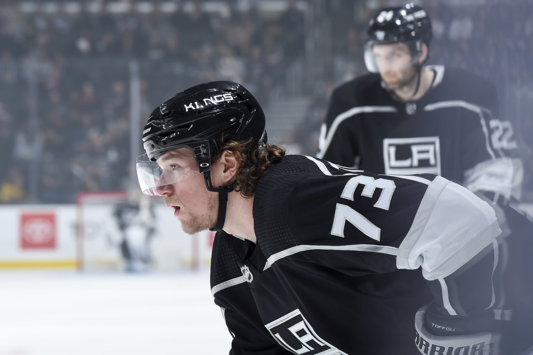LOS ANGELES, CA - JANUARY 6:  Tyler Toffoli #73 of the Los Angeles Kings looks on during his 500th NHL game during the first period against the Columbus Blue Jackets at STAPLES Center on January 6, 2019 in Los Angeles, California. (Photo by Juan Ocampo/NHLI via Getty Images)