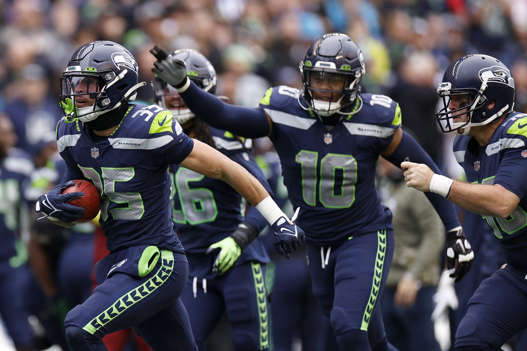 SEATTLE, WASHINGTON - OCTOBER 30: Joey Blount #35 of the Seattle Seahawks celebrates a turnover against the New York Giants during the second quarter at Lumen Field on October 30, 2022 in Seattle, Washington. (Photo by Steph Chambers/Getty Images)