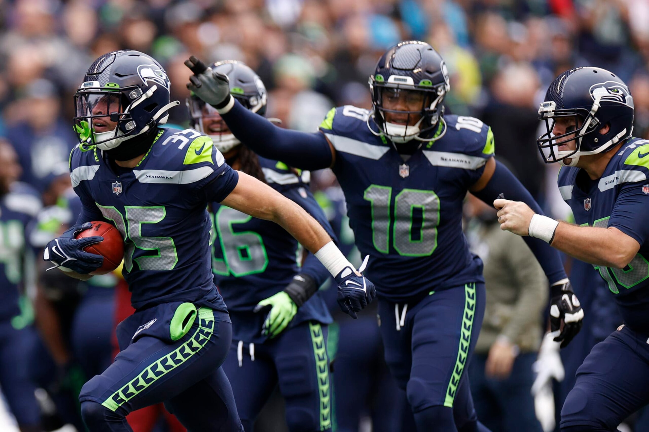 SEATTLE, WASHINGTON - OCTOBER 30: Joey Blount #35 of the Seattle Seahawks celebrates a turnover against the New York Giants during the second quarter at Lumen Field on October 30, 2022 in Seattle, Washington. (Photo by Steph Chambers/Getty Images)