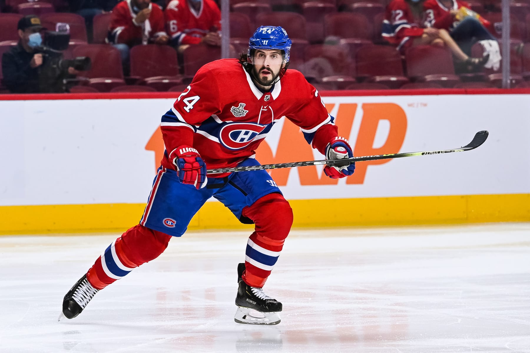 MONTREAL, QC - JULY 05: Montreal Canadiens center Phillip Danault (24) tracks the play during the NHL Stanley Cup Playoffs Final game 4 between the Tampa Bay Lightning versus the Montreal Canadiens on July 05, 2021, at Bell Centre in Montreal, QC (Photo by David Kirouac/Icon Sportswire via Getty Images)