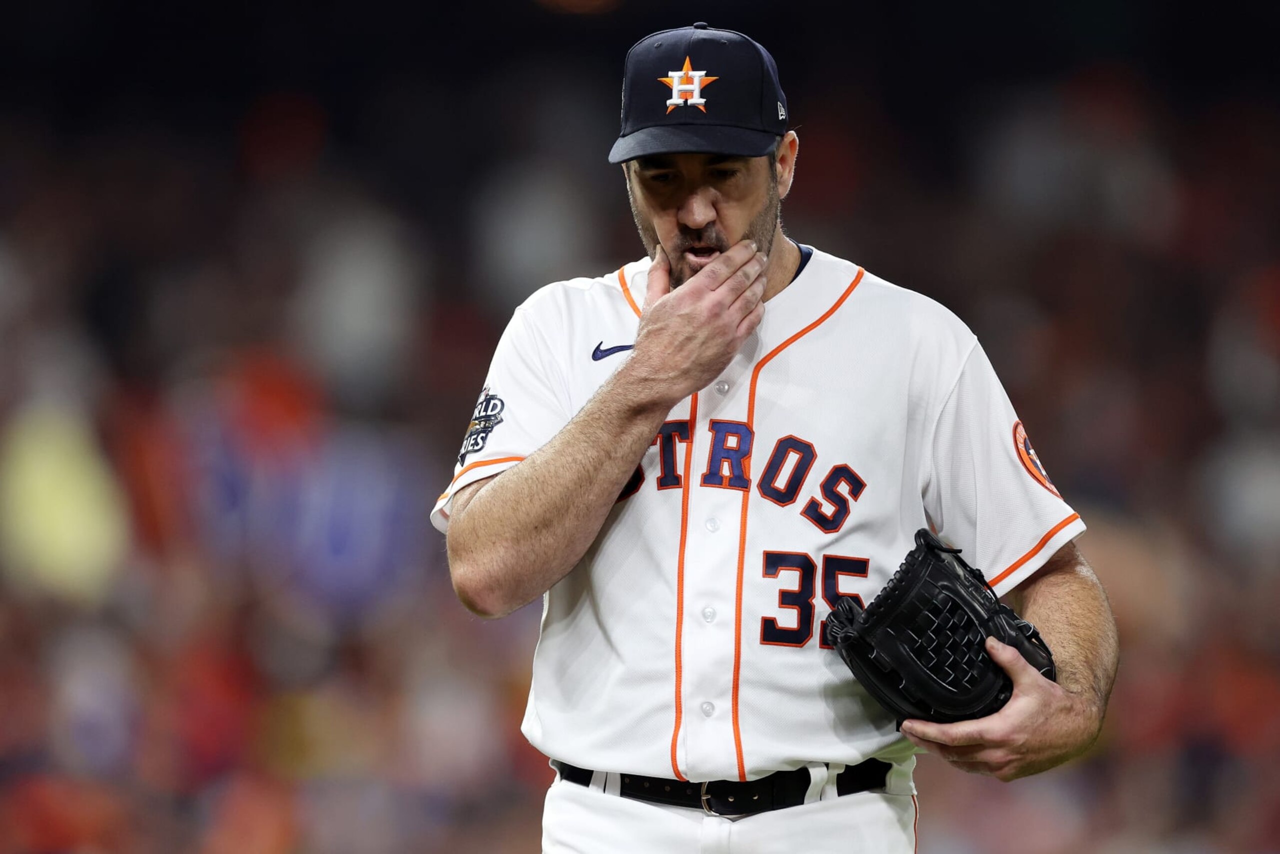HOUSTON, TEXAS - OCTOBER 28: Justin Verlander #35 of the Houston Astros walks off the field in the second inning against the Philadelphia Phillies in Game One of the 2022 World Series at Minute Maid Park on October 28, 2022 in Houston, Texas. (Photo by Sean M. Haffey/Getty Images) HOUSTON, TEXAS - OCTOBER 28: Justin Verlander #35 of the Houston Astros walks off the field in the second inning against the Philadelphia Phillies in Game One of the 2022 World Series at Minute Maid Park on October 28, 2022 in Houston, Texas. (Photo by Sean M. Haffey/Getty Images)