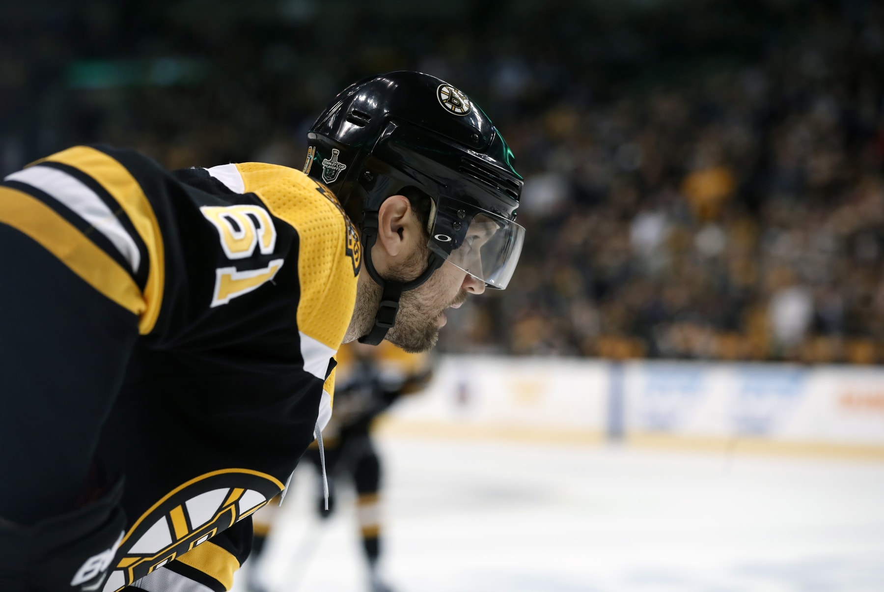 BOSTON, MA - APRIL 21: Boston Bruins right wing Rick Nash (61) eyes a face off during Game 5 of the First Round for the 2018 Stanley Cup Playoffs between the Boston Bruins and the Toronto Maple Leafs on April 21, 2018, at TD Garden in Boston, Massachusetts. The Maple Leafs defeated the Bruins 4-3. (Photo by Fred Kfoury III/Icon Sportswire via Getty Images)