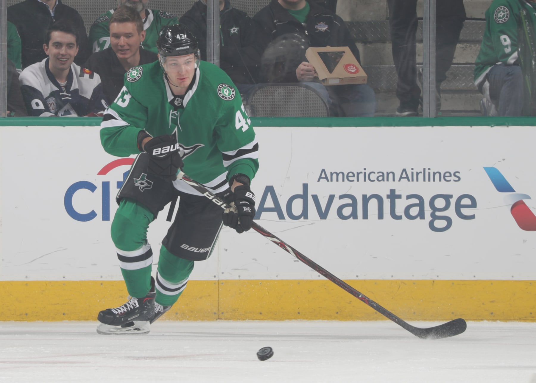 DALLAS, TX - MARCH 7: Valeri Nichushkin #43 of the Dallas Stars handles the puck against the Colorado Avalanche at the American Airlines Center on March 7, 2019 in Dallas, Texas. (Photo by Glenn James/NHLI via Getty Images)