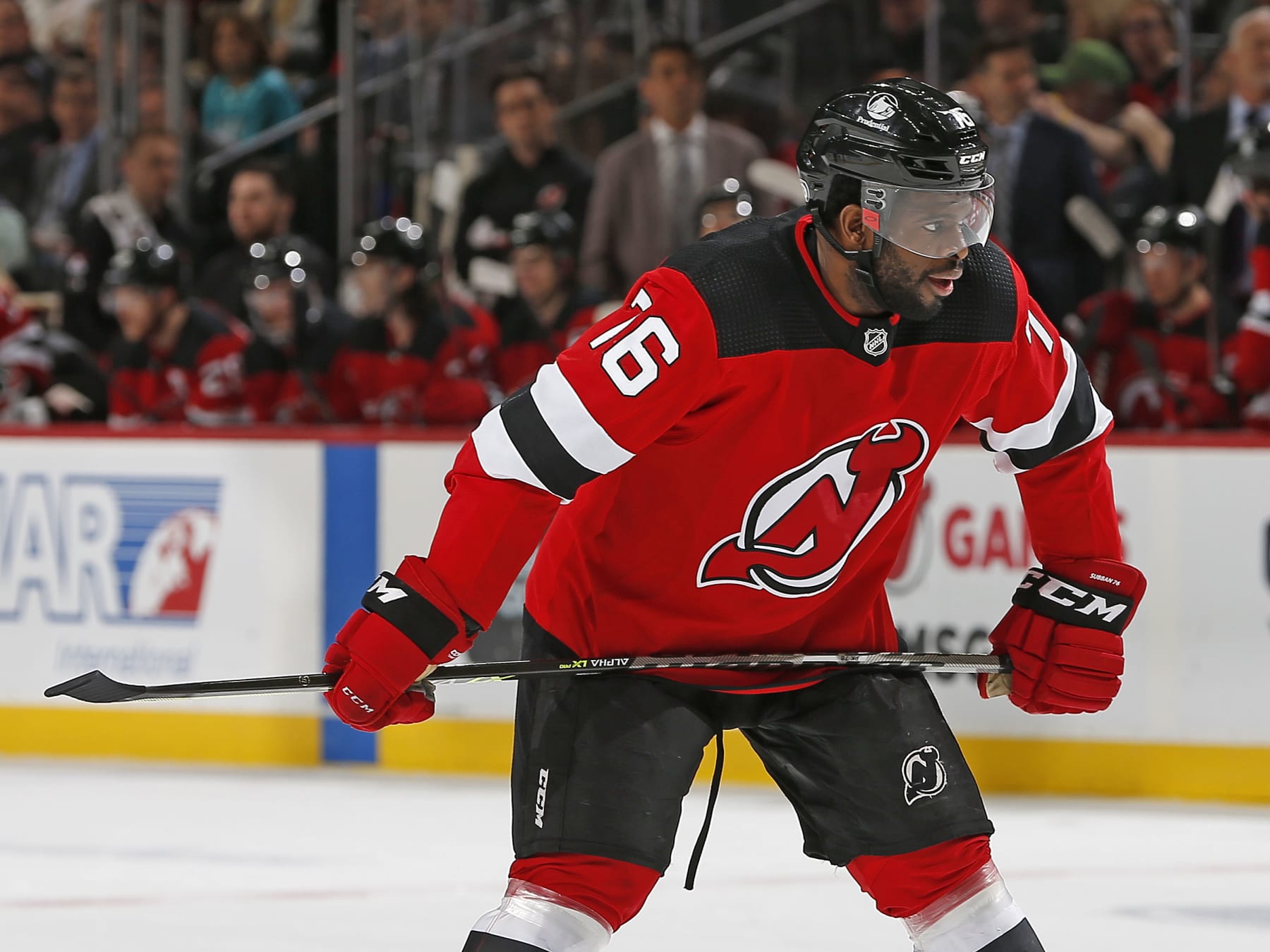 NEWARK, NJ - APRIL 24: P.K. Subban #76 of the New Jersey Devils looks on during the third period against the Detroit Red Wings at the Prudential Center on April 24, 2022 in Newark, New Jersey. (Photo by Christopher Pasatieri/NHLI via Getty Images)