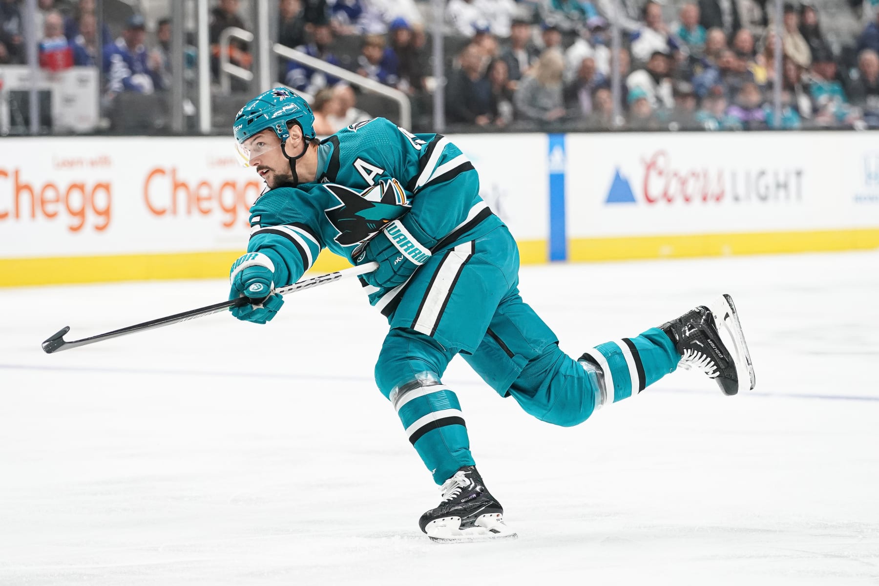 SAN JOSE, CA - OCTOBER 27: Erik Karlsson #65 of the San Jose Sharks takes a shot on goal against the Toronto Maple Leafs at SAP Center on October 27, 2022 in San Jose, California. (Photo by Kavin Mistry/NHLI via Getty Images)