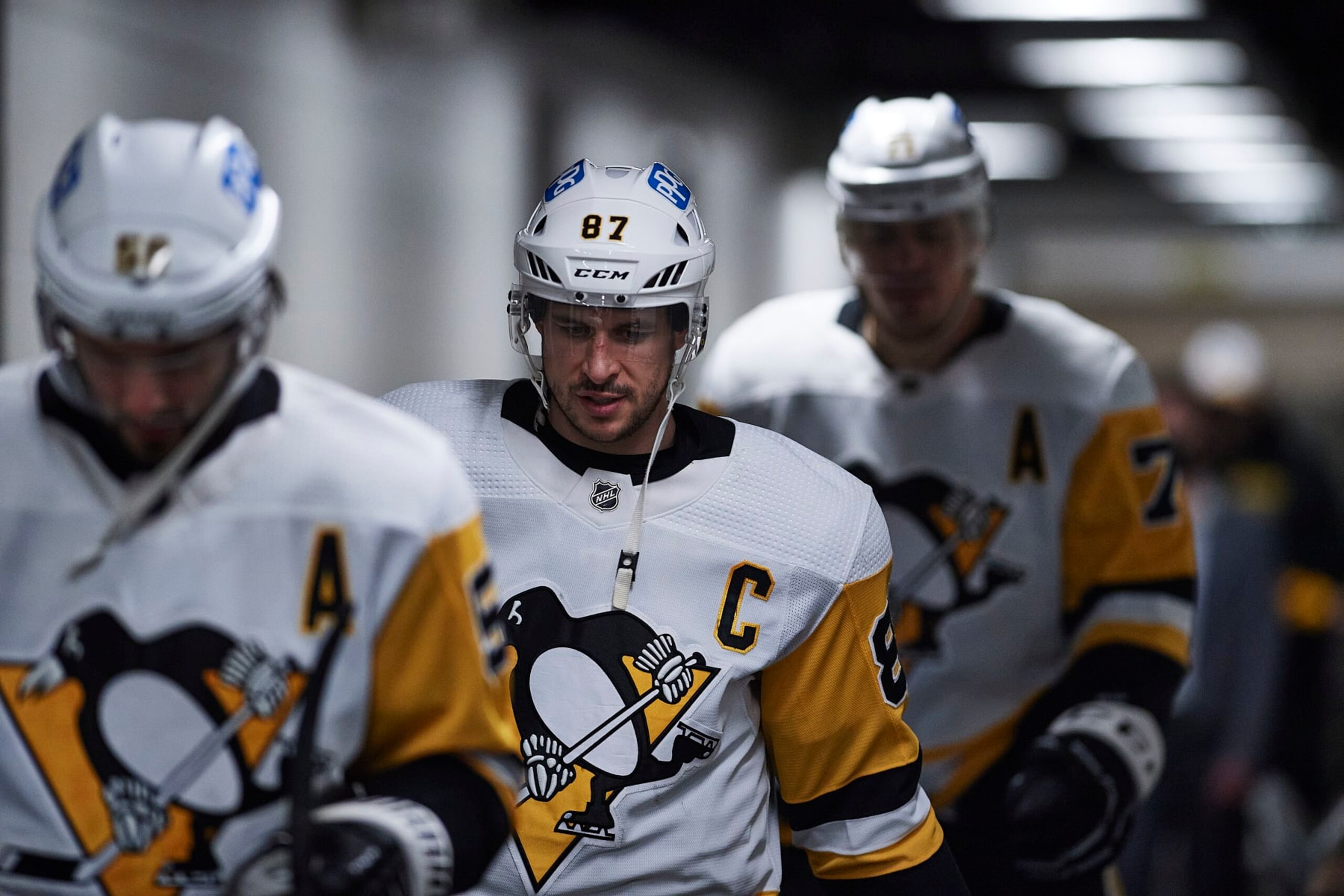 SAN JOSE, CA - JANUARY 15: Pittsburgh Penguins center Sidney Crosby (87), Pittsburgh Penguins defenseman Kris Letang (58) and Pittsburgh Penguins center Evgeni Malkin (71) prepare to take the ice before the NHL game between the San Jose Sharks and the Pittsburgh Penguins on January 15, 2022 at SAP Center in San Jose, CA. (Photo by Matt Cohen/Icon Sportswire via Getty Images) SAN JOSE, CA - JANUARY 15: Pittsburgh Penguins center Sidney Crosby (87), Pittsburgh Penguins defenseman Kris Letang (58) and Pittsburgh Penguins center Evgeni Malkin (71) prepare to take the ice before the NHL game between the San Jose Sharks and the Pittsburgh Penguins on January 15, 2022 at SAP Center in San Jose, CA. (Photo by Matt Cohen/Icon Sportswire via Getty Images)