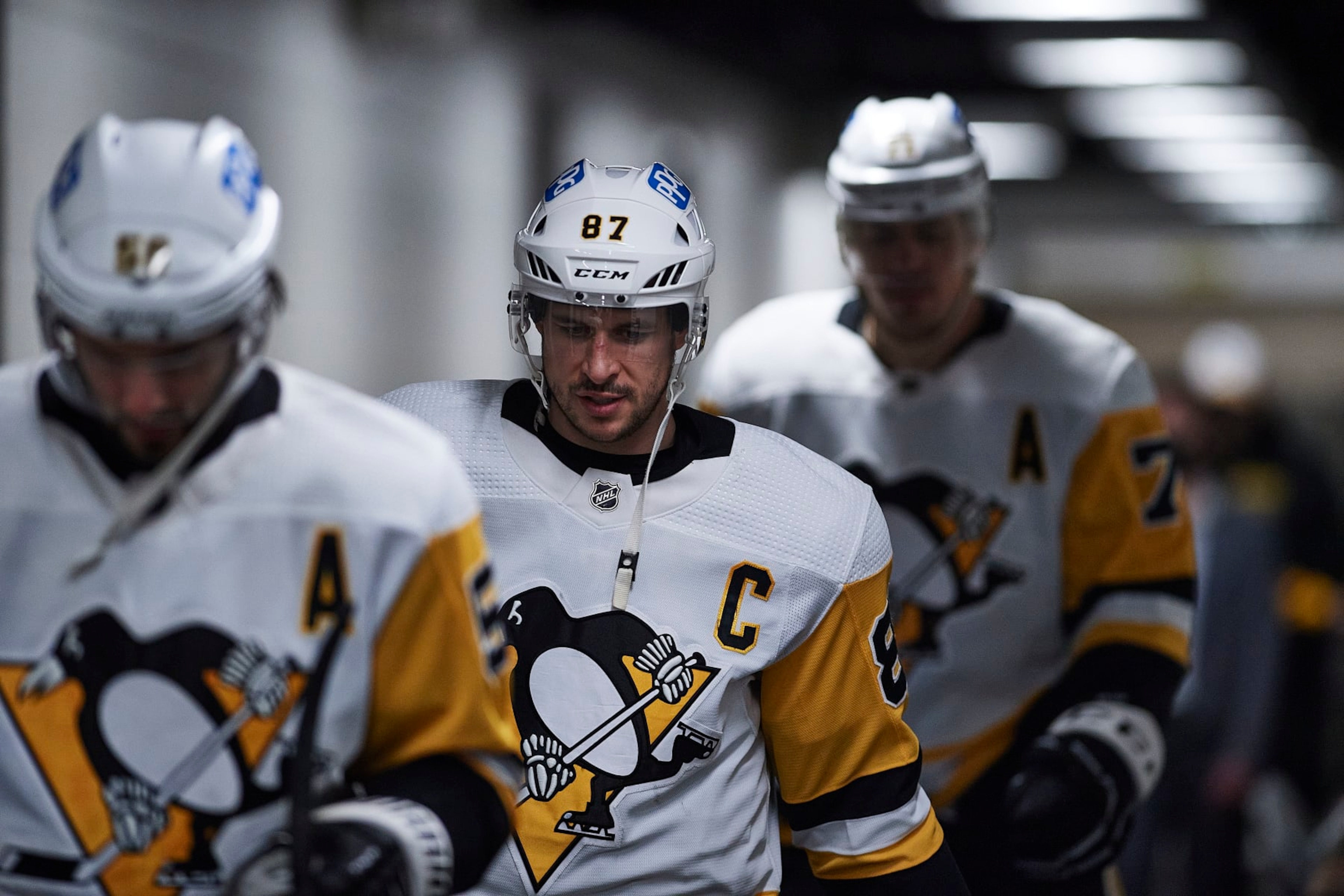 SAN JOSE, CA - JANUARY 15: Pittsburgh Penguins center Sidney Crosby (87), Pittsburgh Penguins defenseman Kris Letang (58) and Pittsburgh Penguins center Evgeni Malkin (71) prepare to take the ice before the NHL game between the San Jose Sharks and the Pittsburgh Penguins on January 15, 2022 at SAP Center in San Jose, CA. (Photo by Matt Cohen/Icon Sportswire via Getty Images) SAN JOSE, CA - JANUARY 15: Pittsburgh Penguins center Sidney Crosby (87), Pittsburgh Penguins defenseman Kris Letang (58) and Pittsburgh Penguins center Evgeni Malkin (71) prepare to take the ice before the NHL game between the San Jose Sharks and the Pittsburgh Penguins on January 15, 2022 at SAP Center in San Jose, CA. (Photo by Matt Cohen/Icon Sportswire via Getty Images)