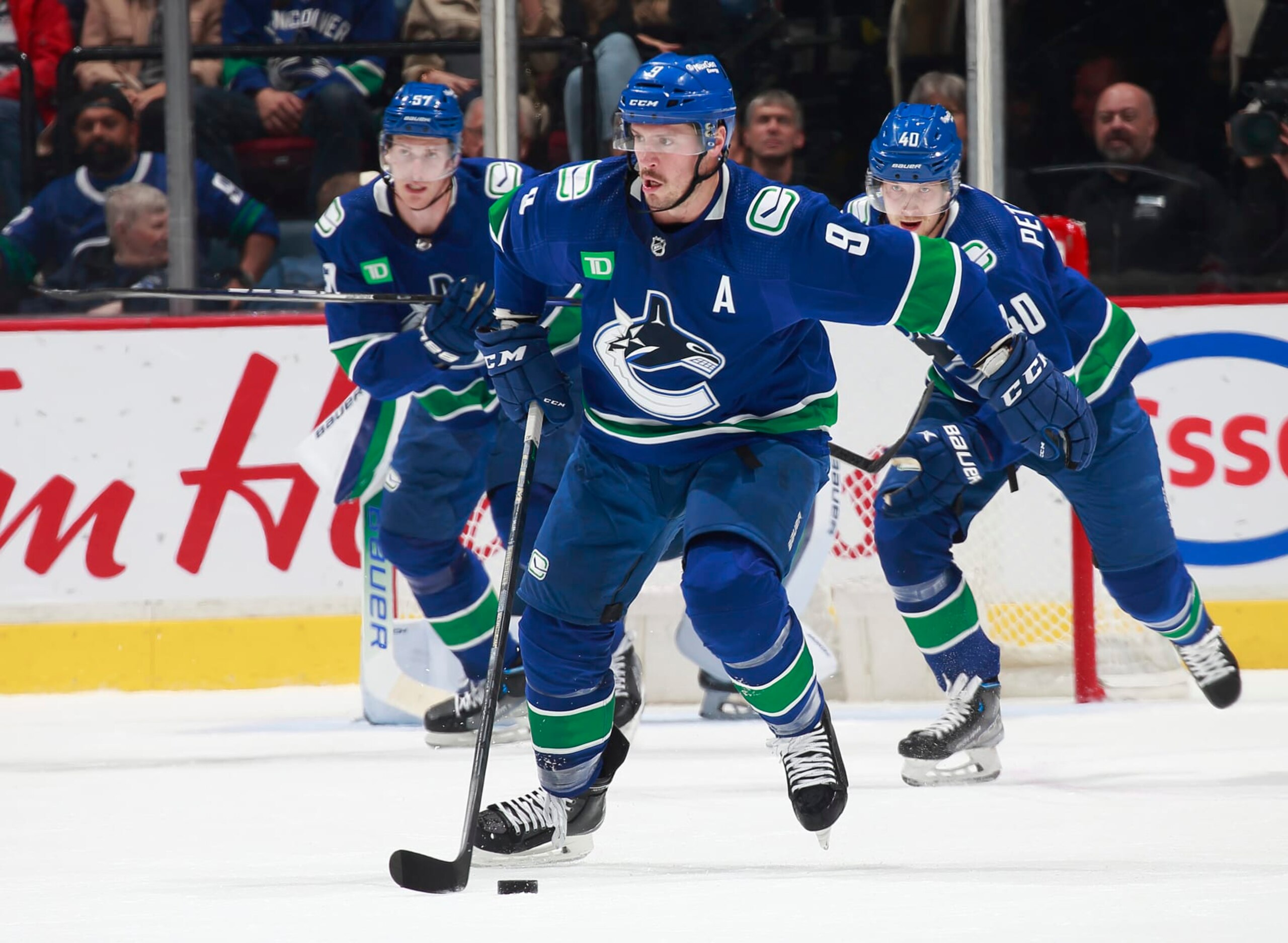 VANCOUVER, CANADA - OCTOBER 28: J.T. Miller #9 of the Vancouver Canucks skates up ice during their NHL game against the Pittsburgh Penguins at Rogers Arena October 28, 2022 in Vancouver, British Columbia, Canada. Vancouver won 5-1. (Photo by Jeff Vinnick/NHLI via Getty Images)
. VANCOUVER, CANADA - OCTOBER 28: J.T. Miller #9 of the Vancouver Canucks skates up ice during their NHL game against the Pittsburgh Penguins at Rogers Arena October 28, 2022 in Vancouver, British Columbia, Canada. Vancouver won 5-1. (Photo by Jeff Vinnick/NHLI via Getty Images)
.