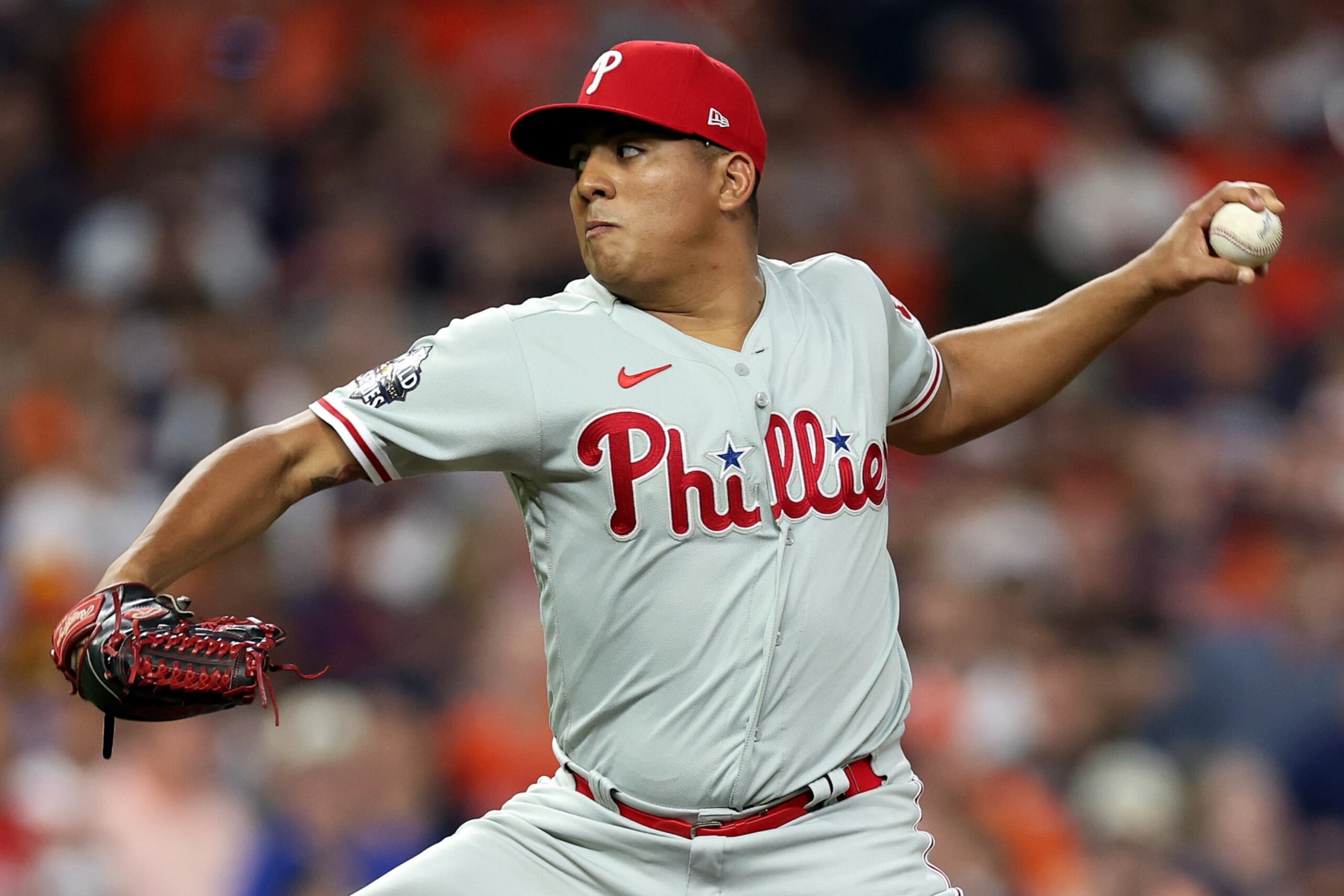 HOUSTON, TEXAS - OCTOBER 28: Ranger Suarez #55 of the Philadelphia Phillies pitches in the seventh inning against the Houston Astros in Game One of the 2022 World Series at Minute Maid Park on October 28, 2022 in Houston, Texas. (Photo by Sean M. Haffey/Getty Images)