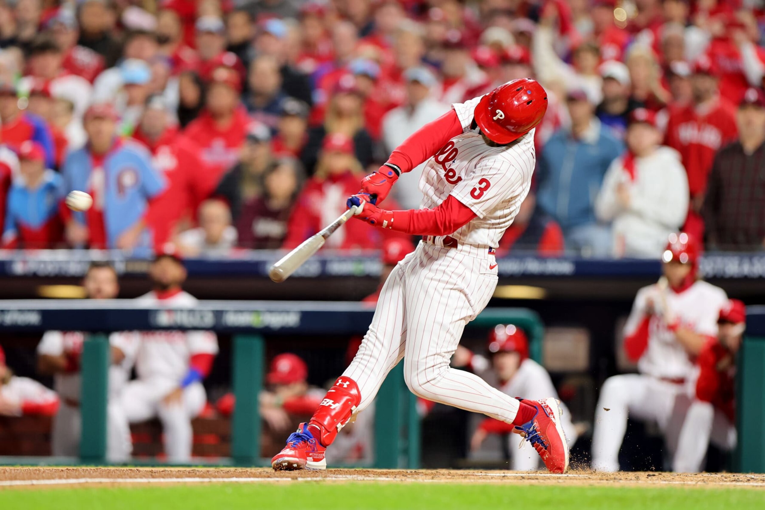 PHILADELPHIA, PENNSYLVANIA - OCTOBER 22: Bryce Harper #3 of the Philadelphia Phillies hits an RBI double during the first inning against the San Diego Padres in game four of the National League Championship Series at Citizens Bank Park on October 22, 2022 in Philadelphia, Pennsylvania. (Photo by Michael Reaves/Getty Images)