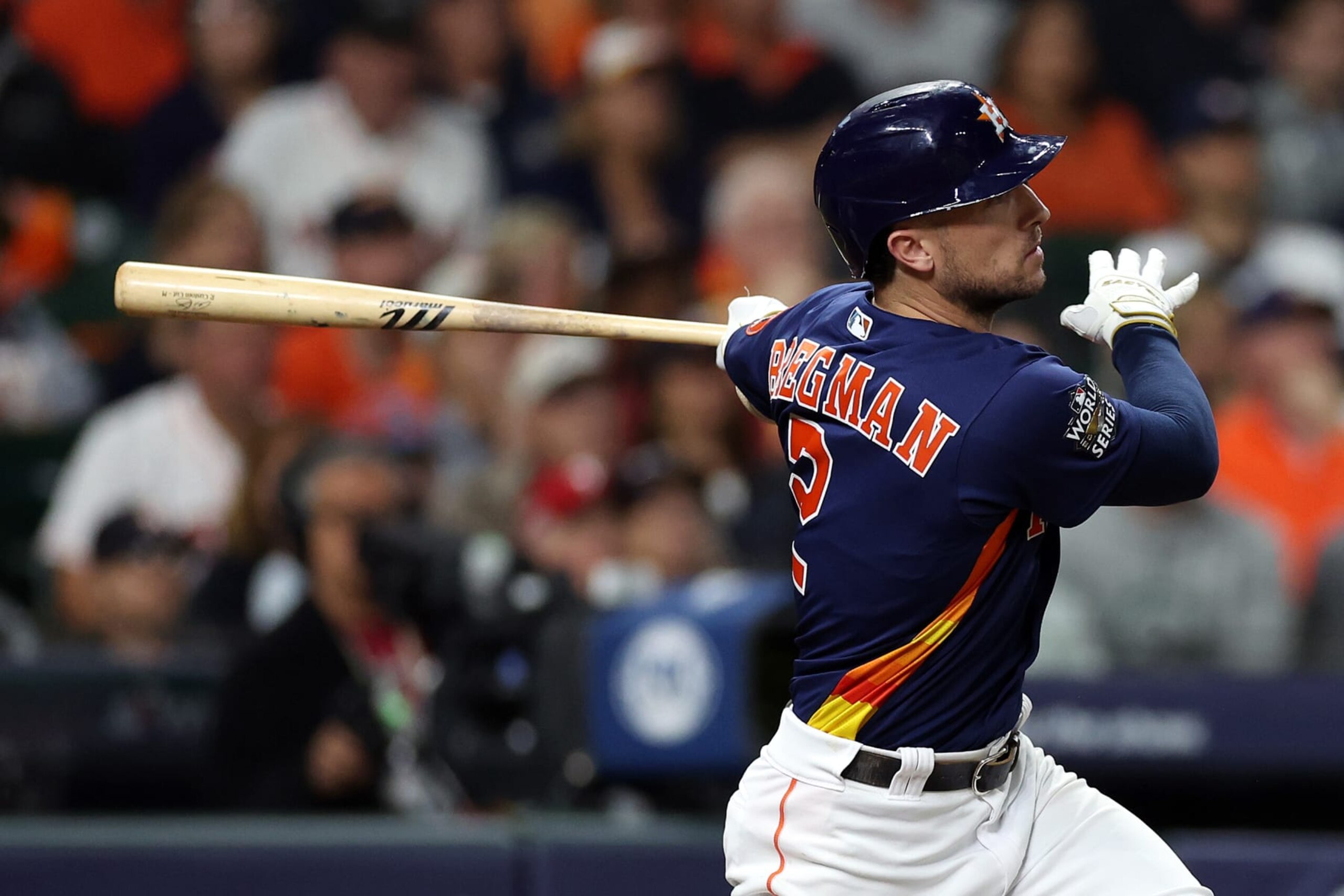 HOUSTON, TEXAS - OCTOBER 29: Alex Bregman #2 of the Houston Astros hits a two run home run in the fifth inning against the Philadelphia Phillies in Game Two of the 2022 World Series at Minute Maid Park on October 29, 2022 in Houston, Texas. (Photo by Sean M. Haffey/Getty Images)