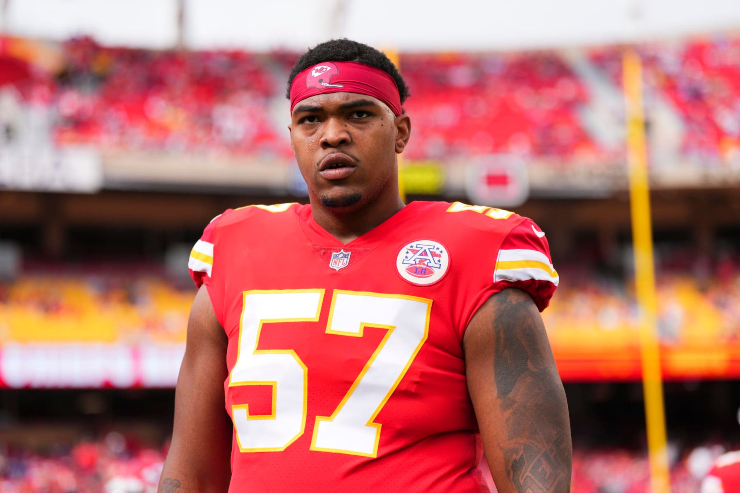 KANSAS CITY, MO - OCTOBER 16: Orlando Brown Jr. #57 of the Kansas City Chiefs warms up against the Buffalo Bills at GEHA Field at Arrowhead Stadium on October 16, 2022 in Kansas City, Missouri. (Photo by Cooper Neill/Getty Images)