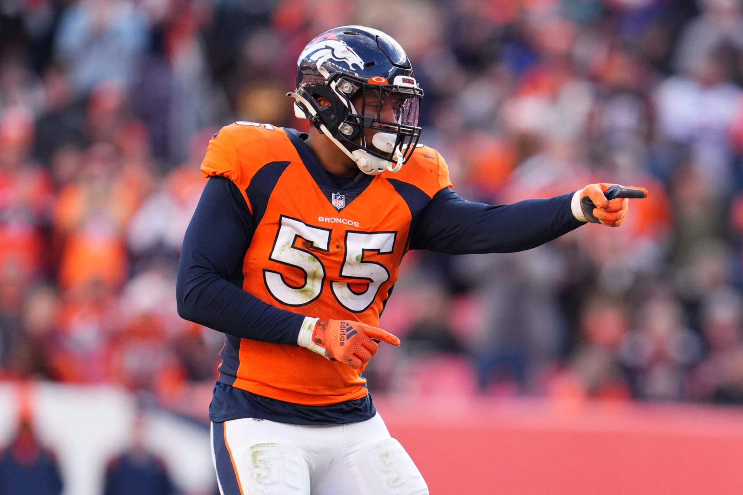 DENVER, COLORADO - DECEMBER 19: Bradley Chubb #55 of the Denver Broncos gets set against the Cincinnati Bengals during an NFL game at Empower Field At Mile High on December 19, 2021 in Denver, Colorado. (Photo by Cooper Neill/Getty Images)