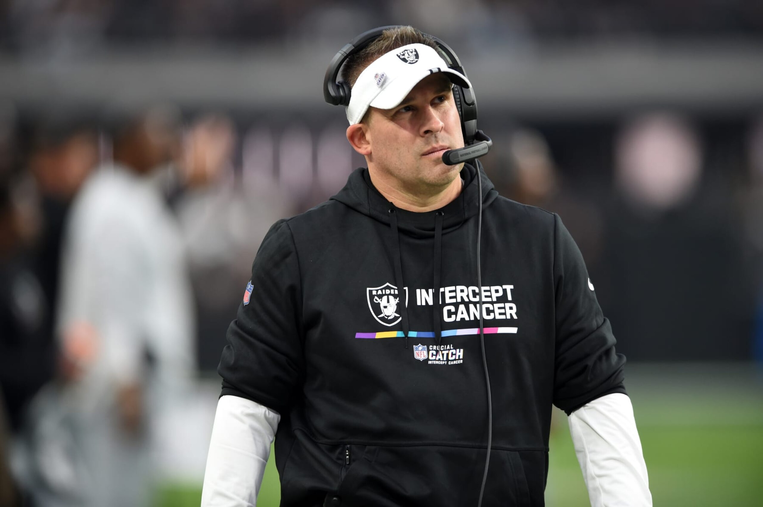 LAS VEGAS, NV - OCTOBER 23: Las Vegas Raiders head coach Josh McDaniels watches action during the game featuring the Houston Texans and the Las Vegas Raiders on October 23, 2022 at Allegiant Stadium in Las Vegas, Nevada. (Photo by John Rivera/Icon Sportswire via Getty Images) LAS VEGAS, NV - OCTOBER 23: Las Vegas Raiders head coach Josh McDaniels watches action during the game featuring the Houston Texans and the Las Vegas Raiders on October 23, 2022 at Allegiant Stadium in Las Vegas, Nevada. (Photo by John Rivera/Icon Sportswire via Getty Images)