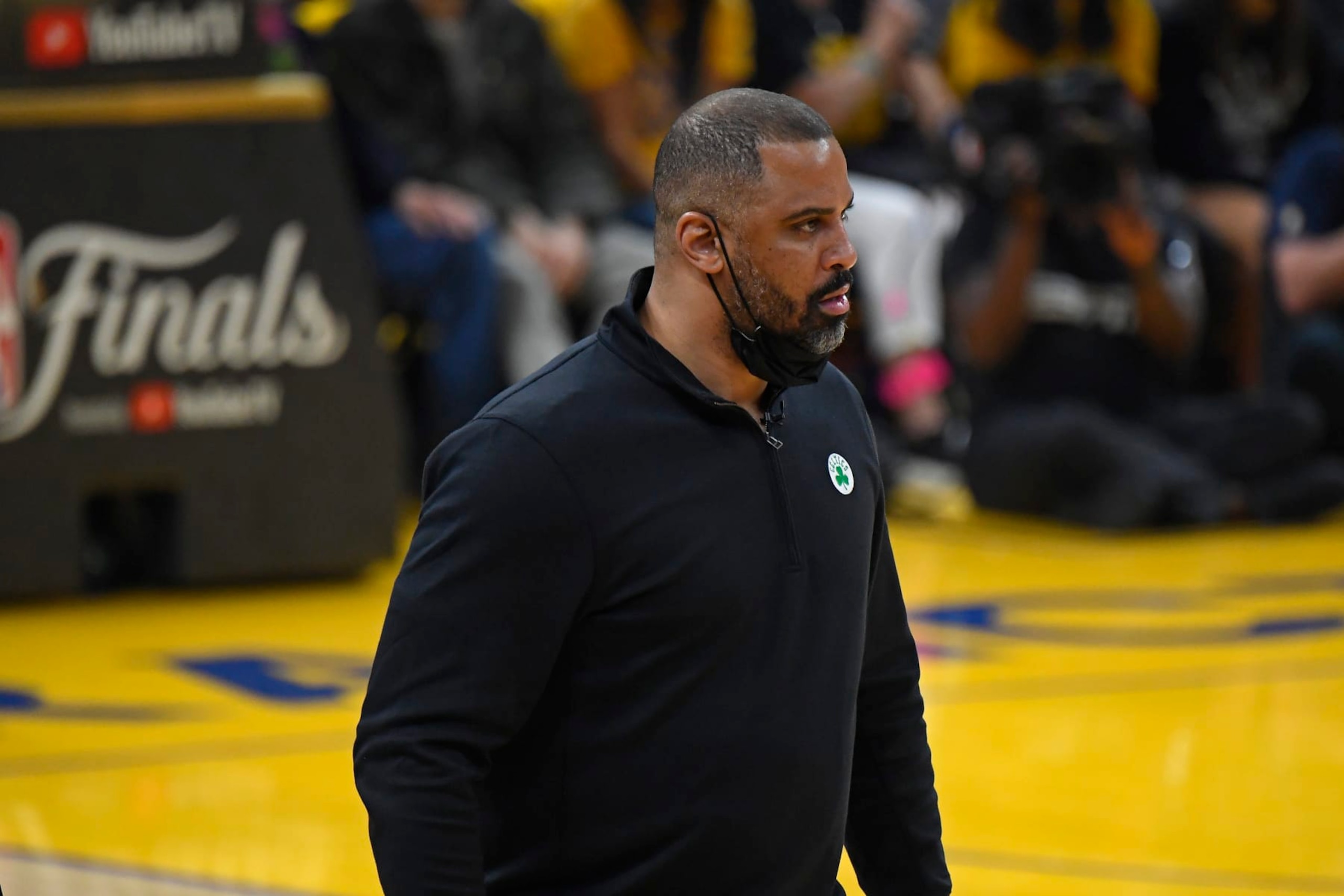 SAN FRANCISCO, CA - JUNE 13: Head Coach Ime Udoka of the Boston Celtics looks on against the Golden State Warriors during Game Five of the 2022 NBA Finals on June 13, 2022 at Chase Center in San Francisco, California. NOTE TO USER: User expressly acknowledges and agrees that, by downloading and or using this photograph, user is consenting to the terms and conditions of Getty Images License Agreement. Mandatory Copyright Notice: Copyright 2022 NBAE (Photo by Brian Babineau/NBAE via Getty Images)