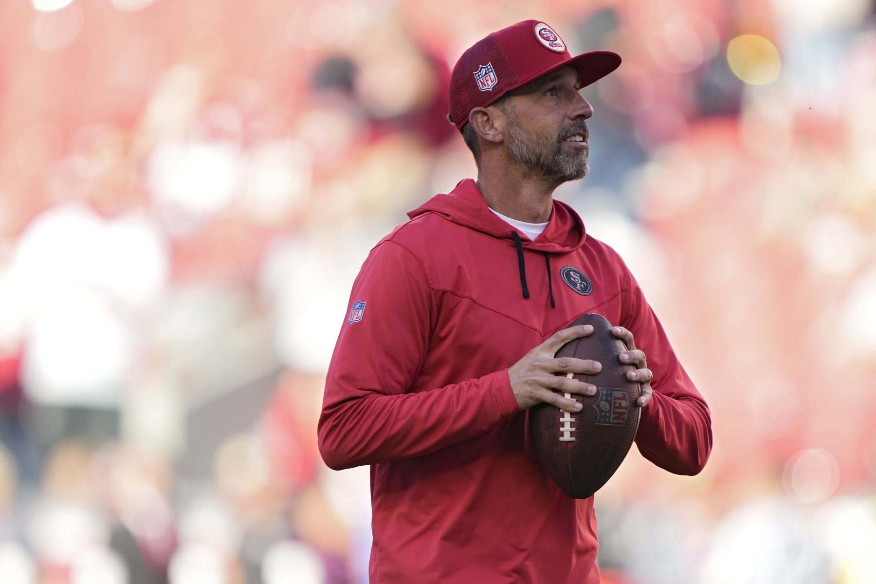SANTA CLARA, CALIFORNIA - OCTOBER 03: Head coach Kyle Shanahan of the San Francisco 49ers looks on before his team plays against the Los Angeles Rams at Levi's Stadium on October 03, 2022 in Santa Clara, California. (Photo by Thearon W. Henderson/Getty Images)