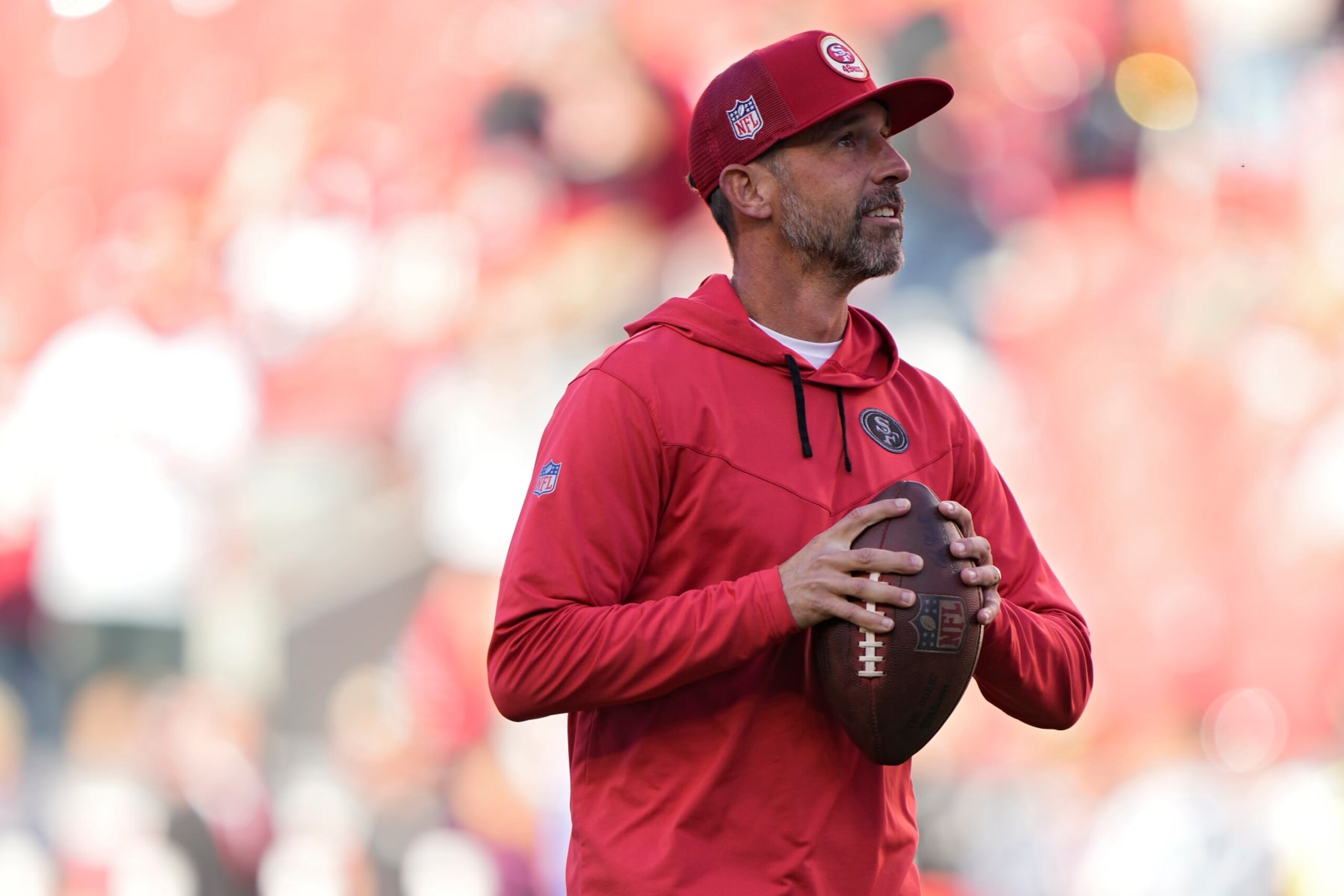 SANTA CLARA, CALIFORNIA - OCTOBER 03: Head coach Kyle Shanahan of the San Francisco 49ers looks on before his team plays against the Los Angeles Rams at Levi's Stadium on October 03, 2022 in Santa Clara, California. (Photo by Thearon W. Henderson/Getty Images)