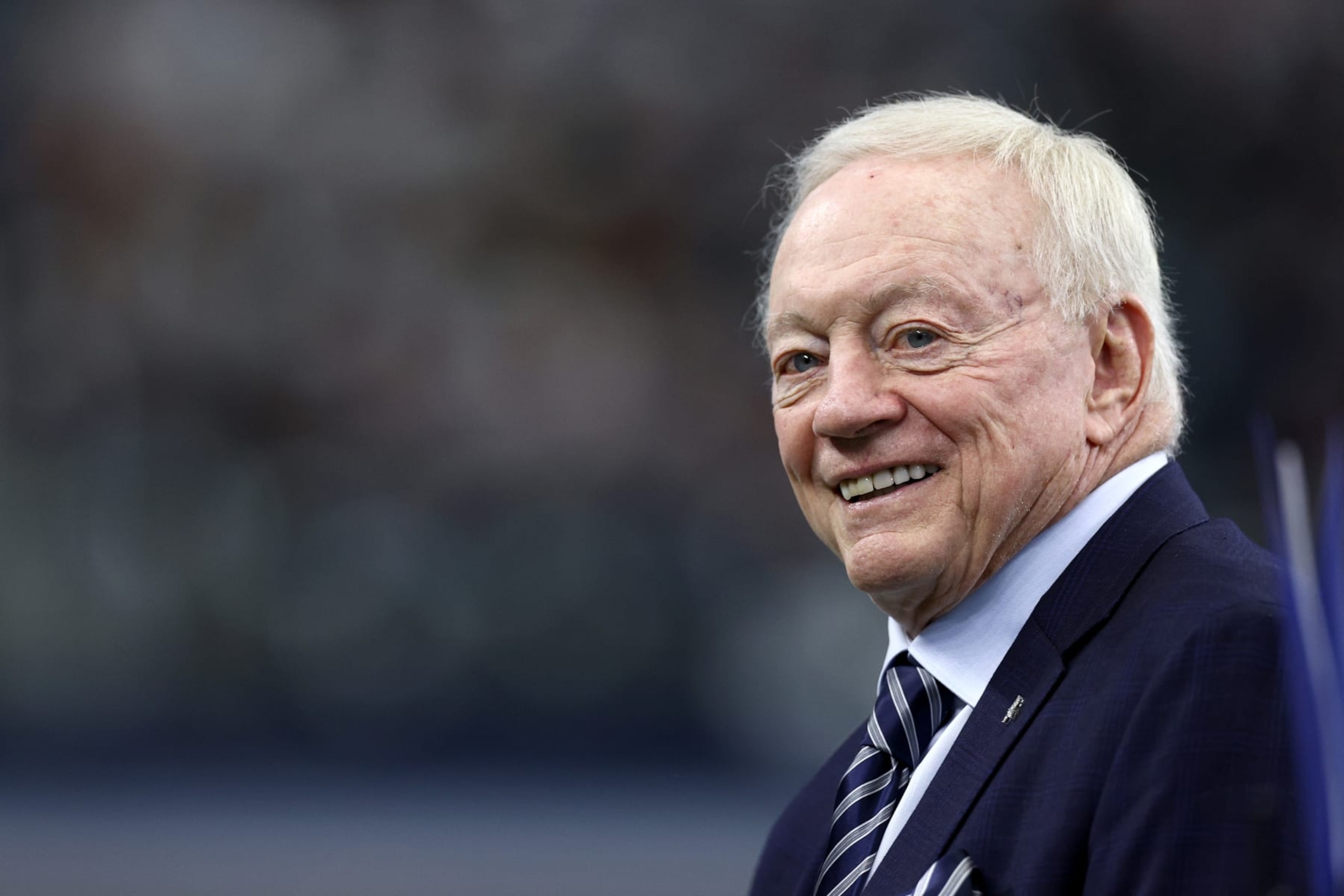 ARLINGTON, TEXAS - OCTOBER 23: Dallas Cowboys owner Jerry Jones interacts with fans during warmups before the Cowboys take on the Detroit Lions at AT&T Stadium on October 23, 2022 in Arlington, Texas. (Photo by Tom Pennington/Getty Images)