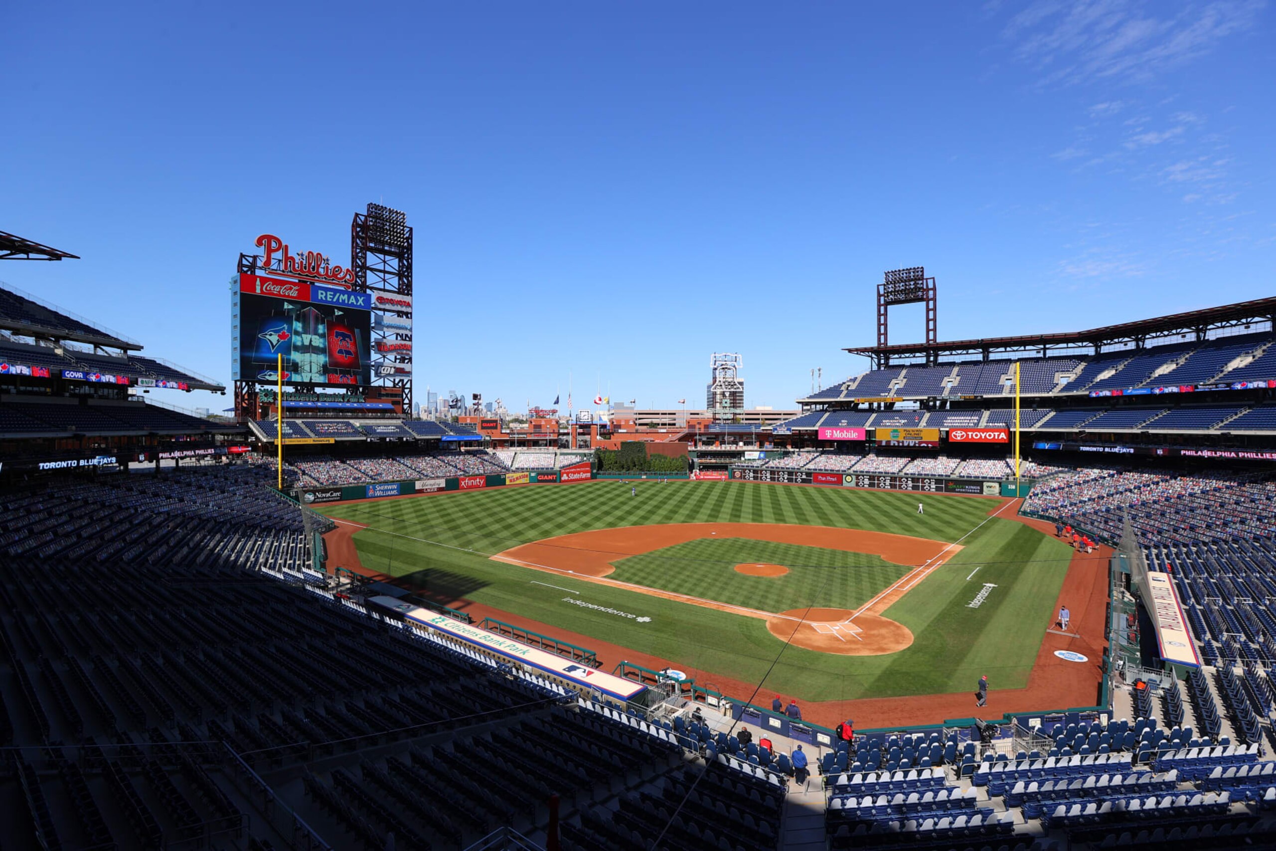 PHILADELPHIA, PA - SEPTEMBER 20:  A general view of Citizens Bank Ballpark and the Philadelphia skyline prior to the first inning of the Major League Baseball game between the Philadelphia Phillies and the Toronto Blue Jays on September 20, 2020 at Citizens Bank Park in Philadelphia, PA.   (Photo by Rich Graessle/Icon Sportswire via Getty Images)