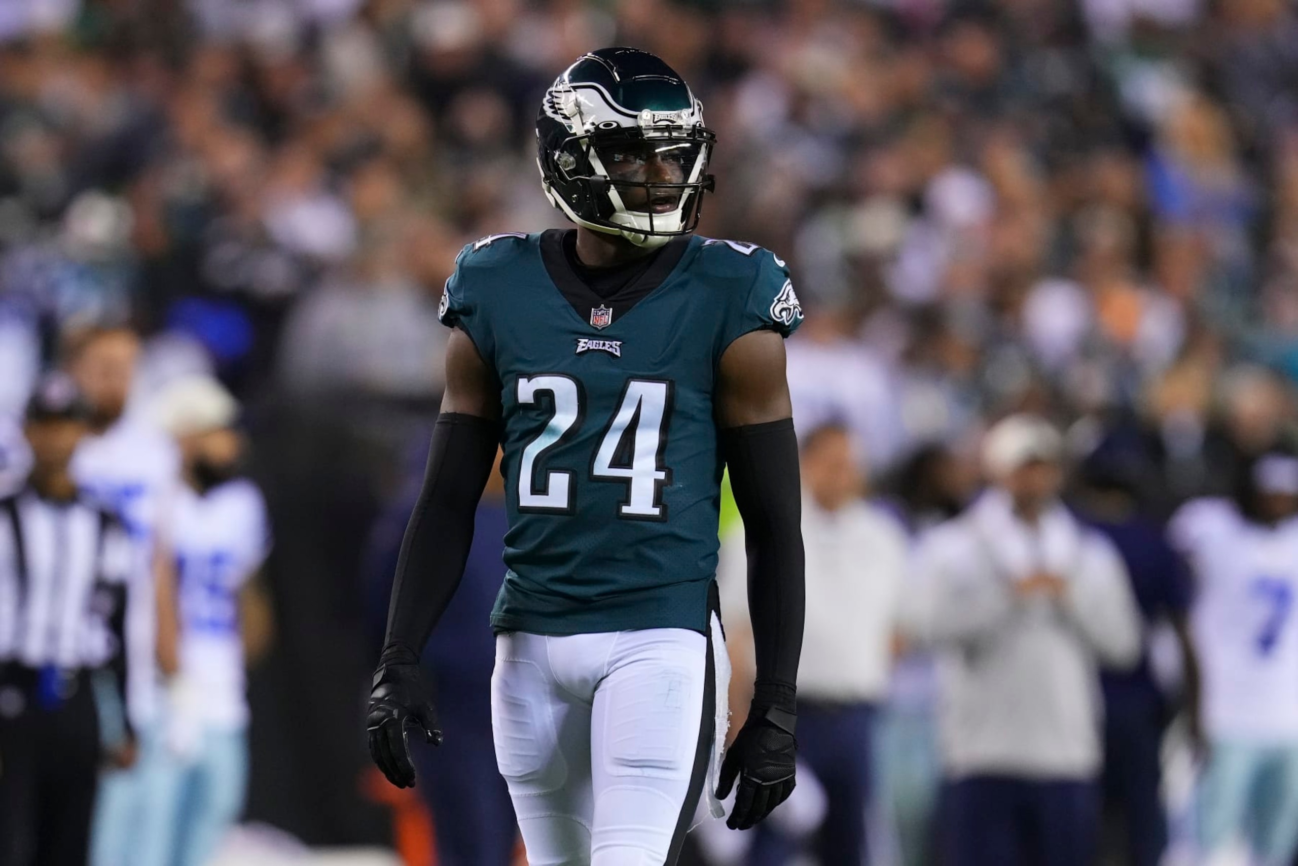 PHILADELPHIA, PA - OCTOBER 16: James Bradberry #24 of the Philadelphia Eagles looks on against the Dallas Cowboys at Lincoln Financial Field on October 16, 2022 in Philadelphia, Pennsylvania. (Photo by Mitchell Leff/Getty Images)