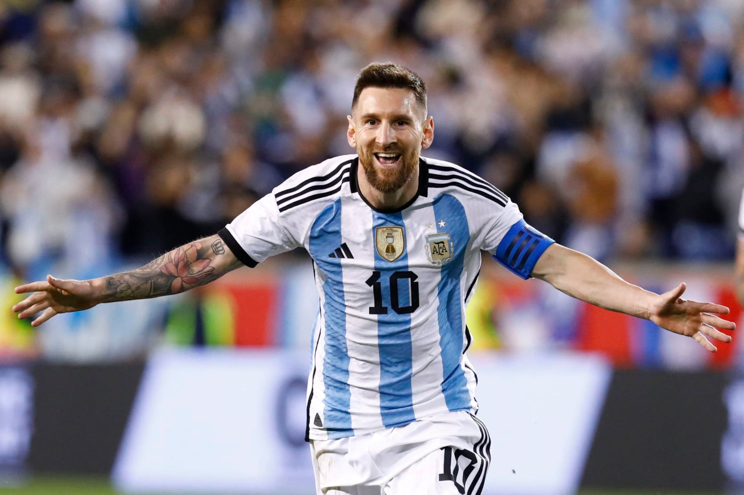 TOPSHOT - Argentina's Lionel Messi celebrates his goal during the international friendly football match between Argentina and Jamaica at Red Bull Arena in Harrison, New Jersey, on September 27, 2022. (Photo by Andres Kudacki / AFP) (Photo by ANDRES KUDACKI/AFP via Getty Images) TOPSHOT - Argentina's Lionel Messi celebrates his goal during the international friendly football match between Argentina and Jamaica at Red Bull Arena in Harrison, New Jersey, on September 27, 2022. (Photo by Andres Kudacki / AFP) (Photo by ANDRES KUDACKI/AFP via Getty Images)