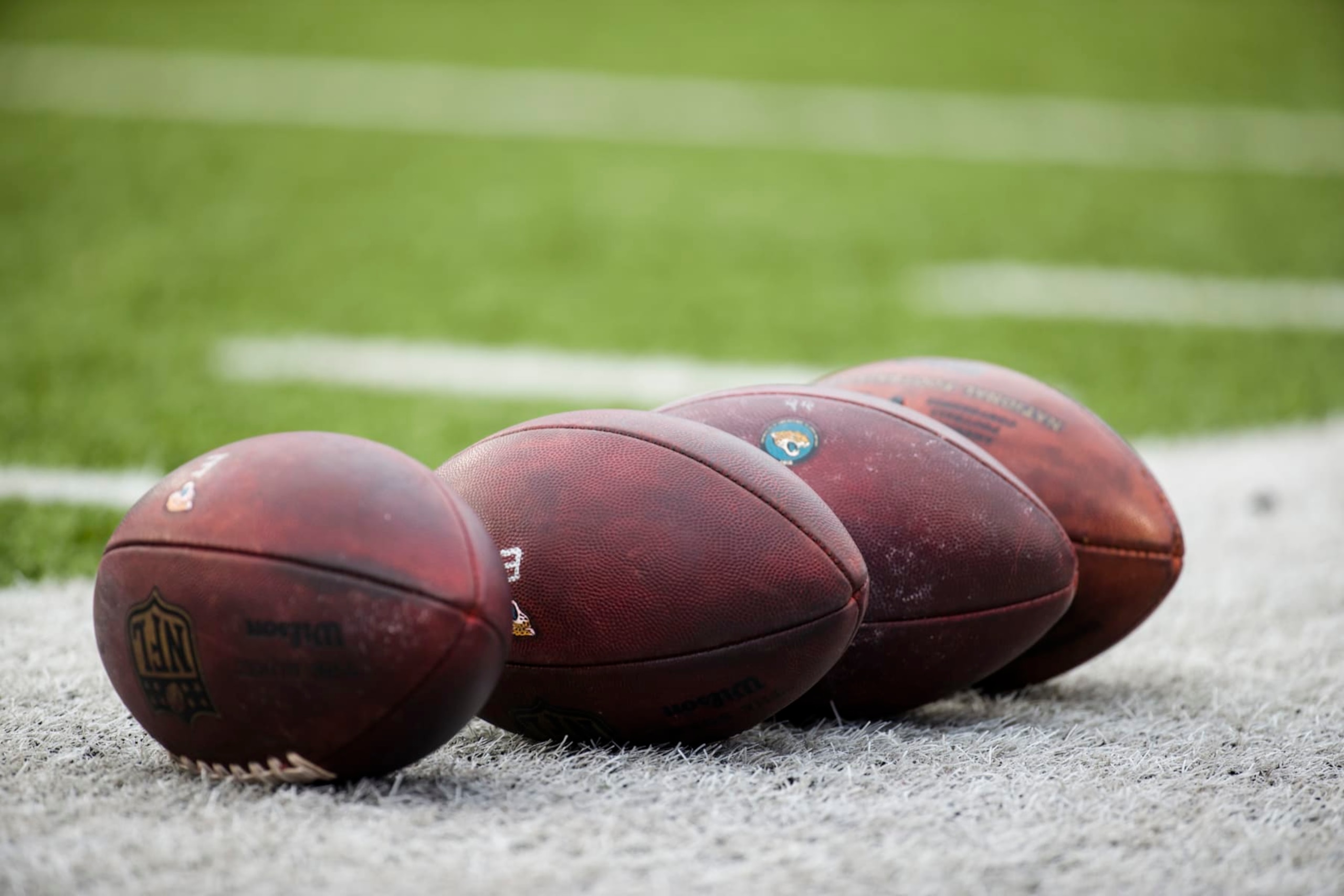 ORCHARD PARK, NY - NOVEMBER 25:  Wilson NFL footballs rest on the sideline before the game between the Buffalo Bills and the Jacksonville Jaguars at New Era Field on November 25, 2018 in Orchard Park, New York. Buffalo defeats Jacksonville 24-21.  (Photo by Brett Carlsen/Getty Images) *** Local Caption ***