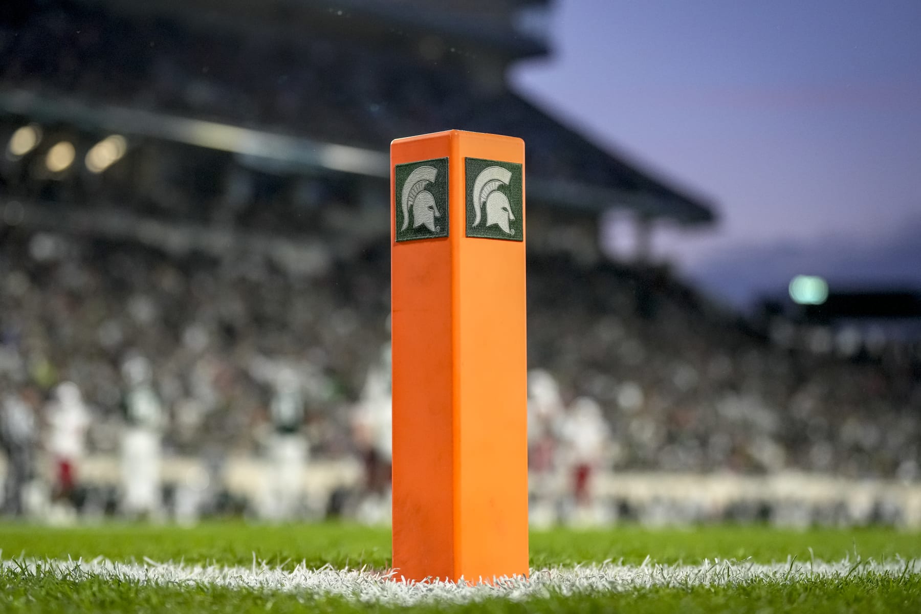 EAST LANSING, MICHIGAN - OCTOBER 15: A pylon with the Michigan State Spartans logo is pictured during the football game between the Michigan State Spartans and Wisconsin Badgers at Spartan Stadium on October 15, 2022 in East Lansing, Michigan. (Photo by Nic Antaya/Getty Images)