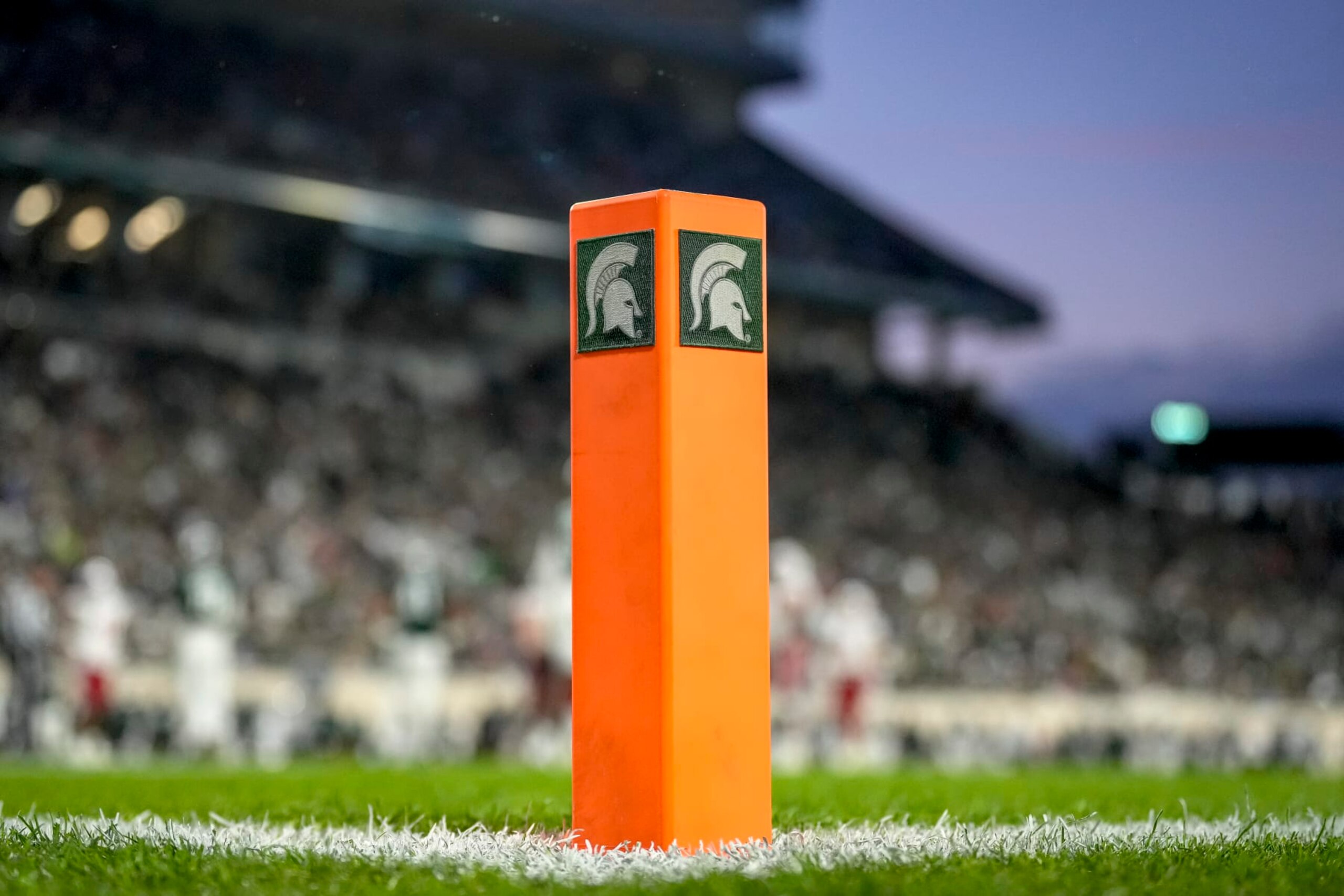 EAST LANSING, MICHIGAN - OCTOBER 15: A pylon with the Michigan State Spartans logo is pictured during the football game between the Michigan State Spartans and Wisconsin Badgers at Spartan Stadium on October 15, 2022 in East Lansing, Michigan. (Photo by Nic Antaya/Getty Images)