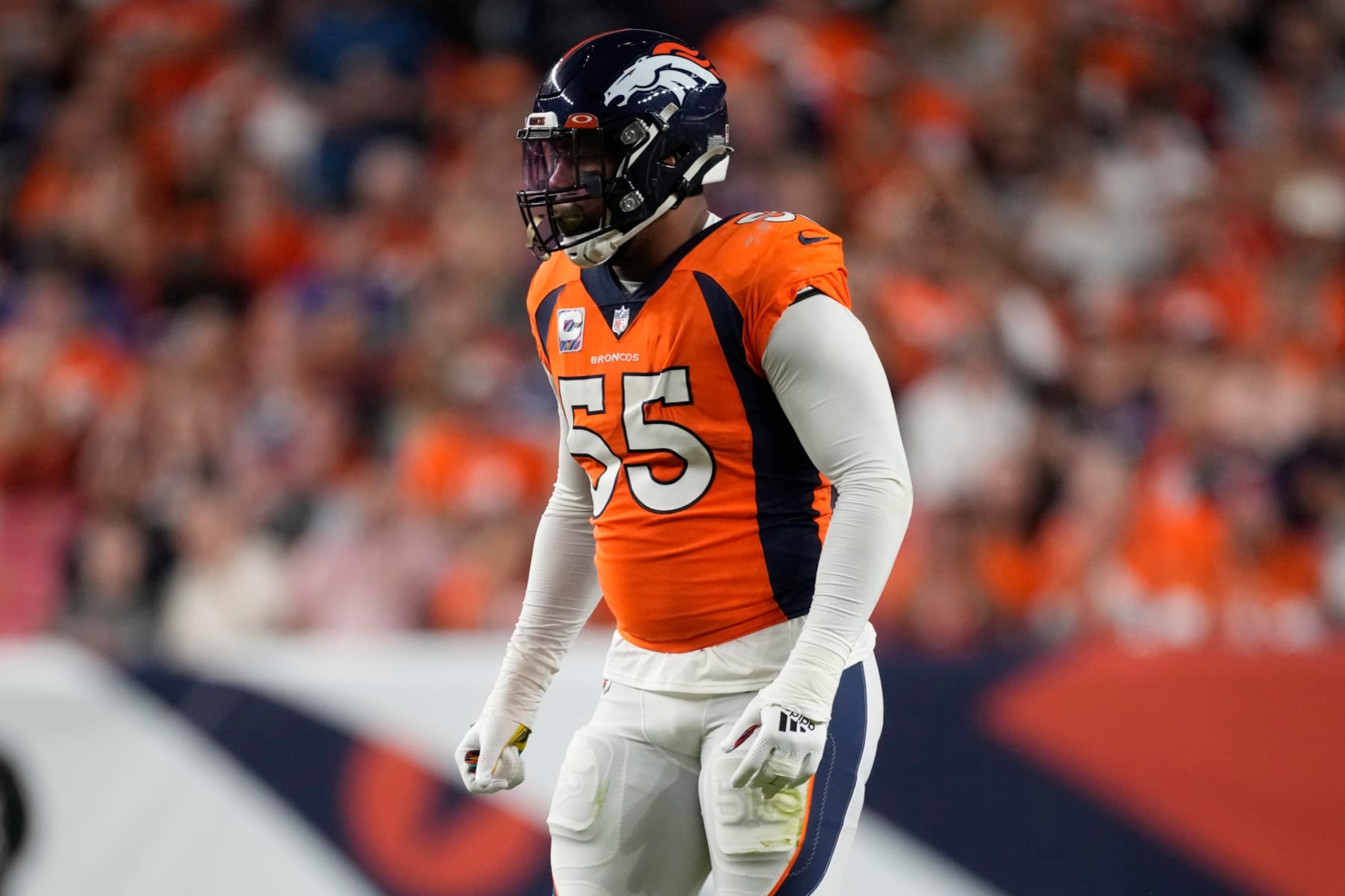 Denver Broncos linebacker Bradley Chubb (55) lines up against the Indianapolis Colts during the first half of an NFL football game, Thursday, Oct. 6, 2022, in Denver. (AP Photo/David Zalubowski)
