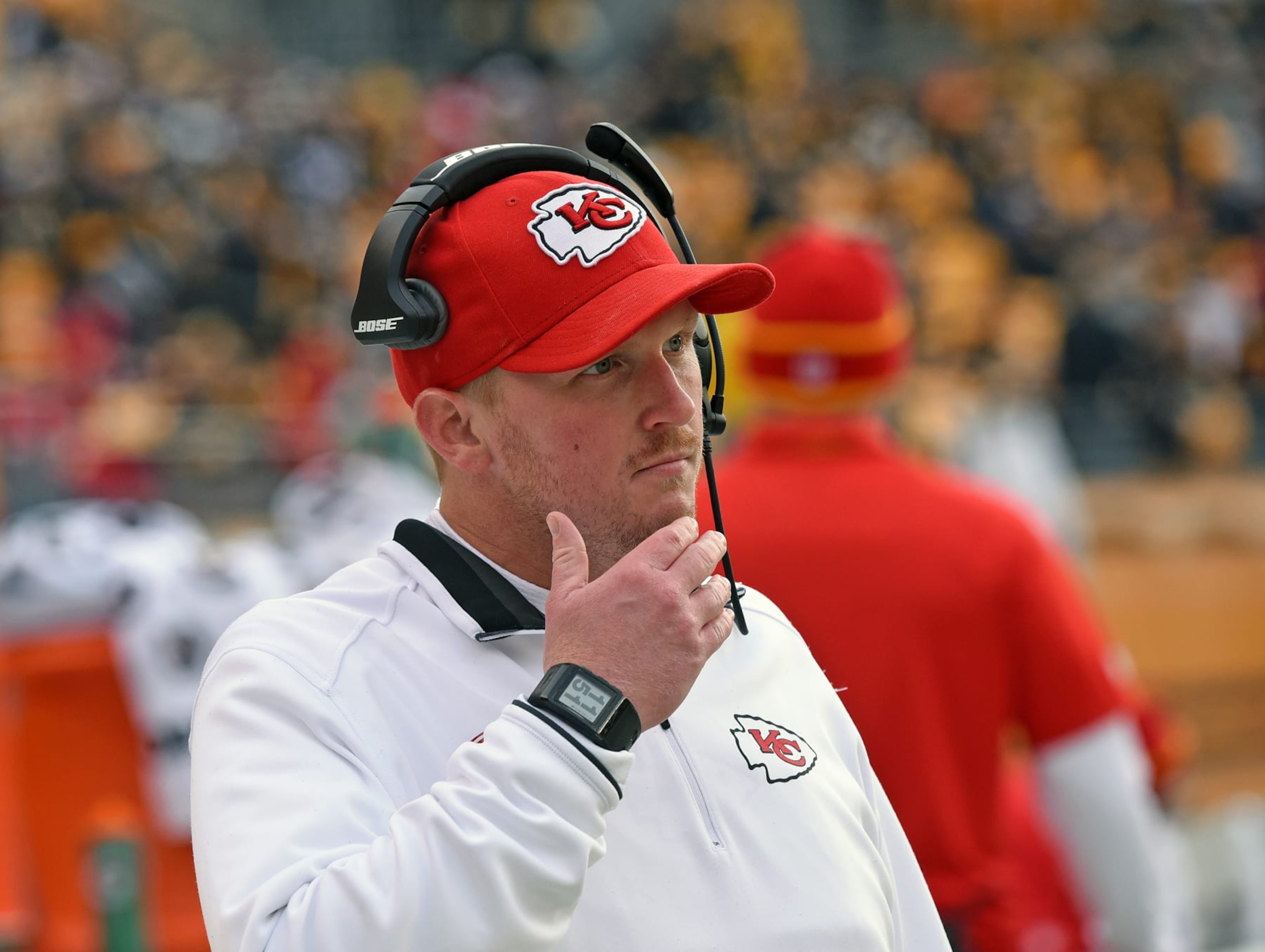 PITTSBURGH, PA - DECEMBER 21: Quality control coach Britt Reid of the Kansas City Chiefs looks on from the sideline before a game against the Pittsburgh Steelers at Heinz Field on December 21, 2014 in Pittsburgh, Pennsylvania. The Steelers defeated the Chiefs 20-12. (Photo by George Gojkovich/Getty Images) PITTSBURGH, PA - DECEMBER 21: Quality control coach Britt Reid of the Kansas City Chiefs looks on from the sideline before a game against the Pittsburgh Steelers at Heinz Field on December 21, 2014 in Pittsburgh, Pennsylvania. The Steelers defeated the Chiefs 20-12. (Photo by George Gojkovich/Getty Images)