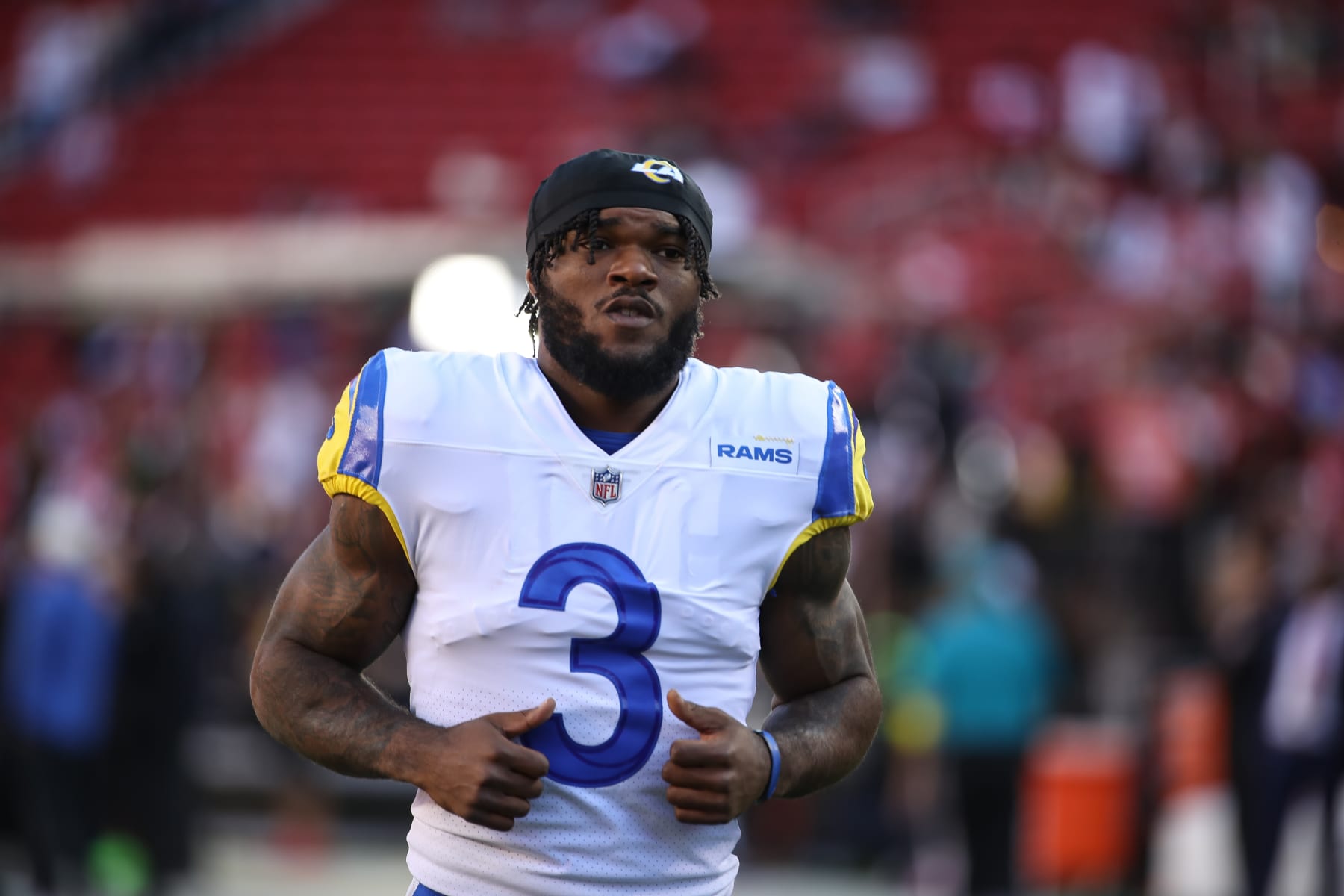 SANTA CLARA, CA - OCTOBER 03:  Los Angeles Rams running back Cam Akers (3) during the NFL game between the Los Angeles Rams and the San Francisco 49ers on October 03, 2022, at Levi's Stadium in Santa Clara, CA. (Photo by Jevone Moore/Icon Sportswire via Getty Images)