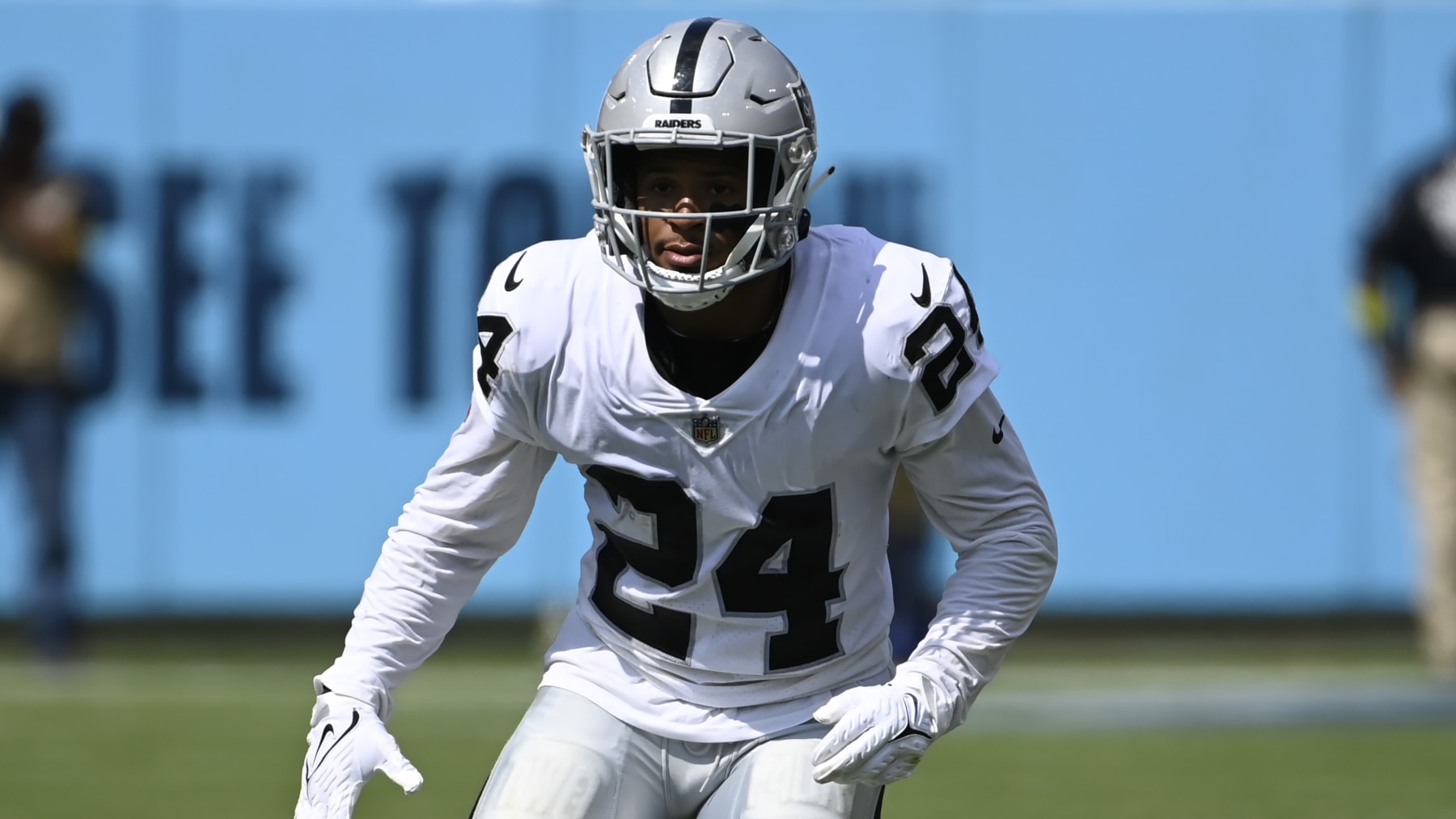 Las Vegas Raiders safety Johnathan Abram plays against the Tennessee Titans in an NFL football game Sunday, Sept. 25, 2022, in Nashville, Tenn. (AP Photo/Mark Zaleski)