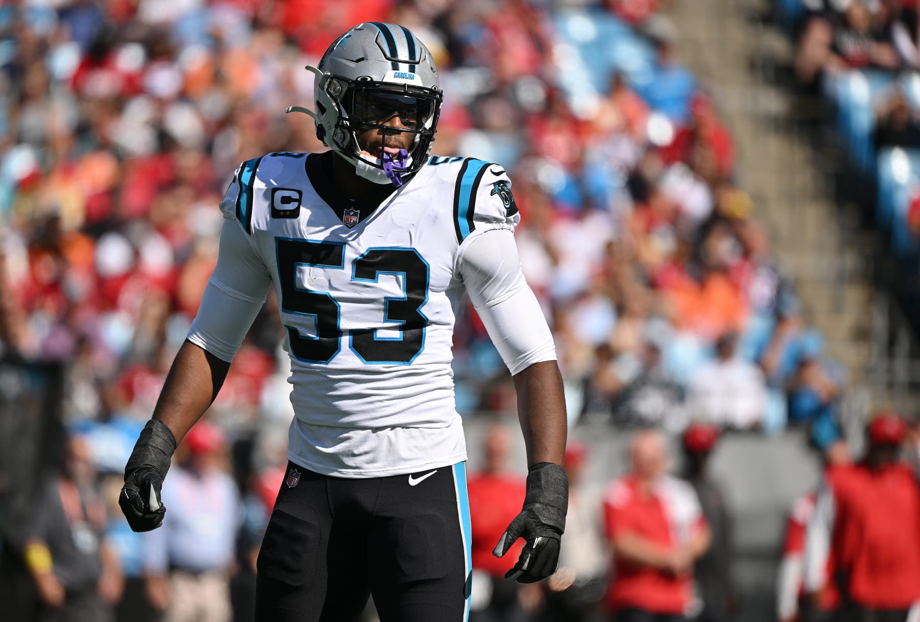 CHARLOTTE, NORTH CAROLINA - OCTOBER 23: Brian Burns #53 of the Carolina Panthers lines up against the Tampa Bay Buccaneers during their game at Bank of America Stadium on October 23, 2022 in Charlotte, North Carolina. (Photo by Grant Halverson/Getty Images)