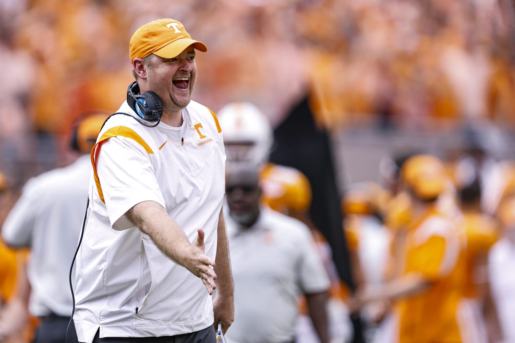 Tennessee head coach Josh Heupel reacts after a touchdown during the first half of an NCAA college football game against Alabama Saturday, Oct. 15, 2022, in Knoxville, Tenn. (AP Photo/Wade Payne)